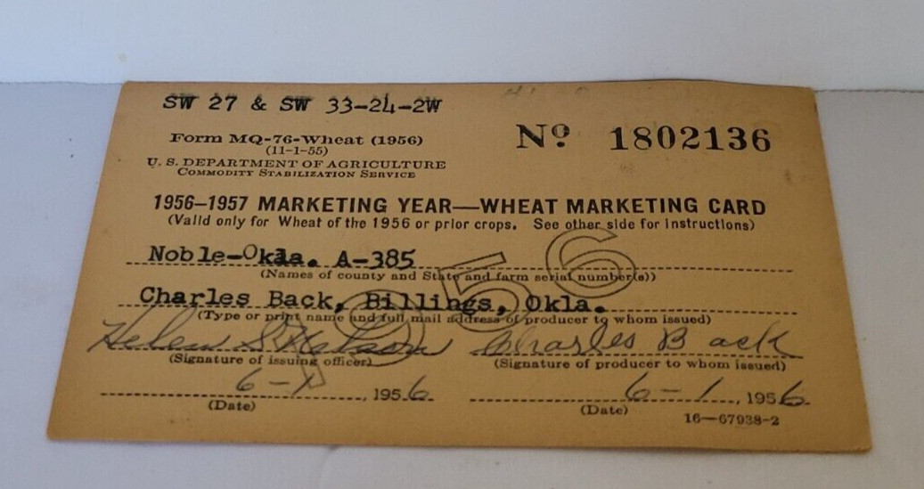 1956-57 Wheat Marketing Card – Charles Back- Billings, Oklahoma (2 CARDS)