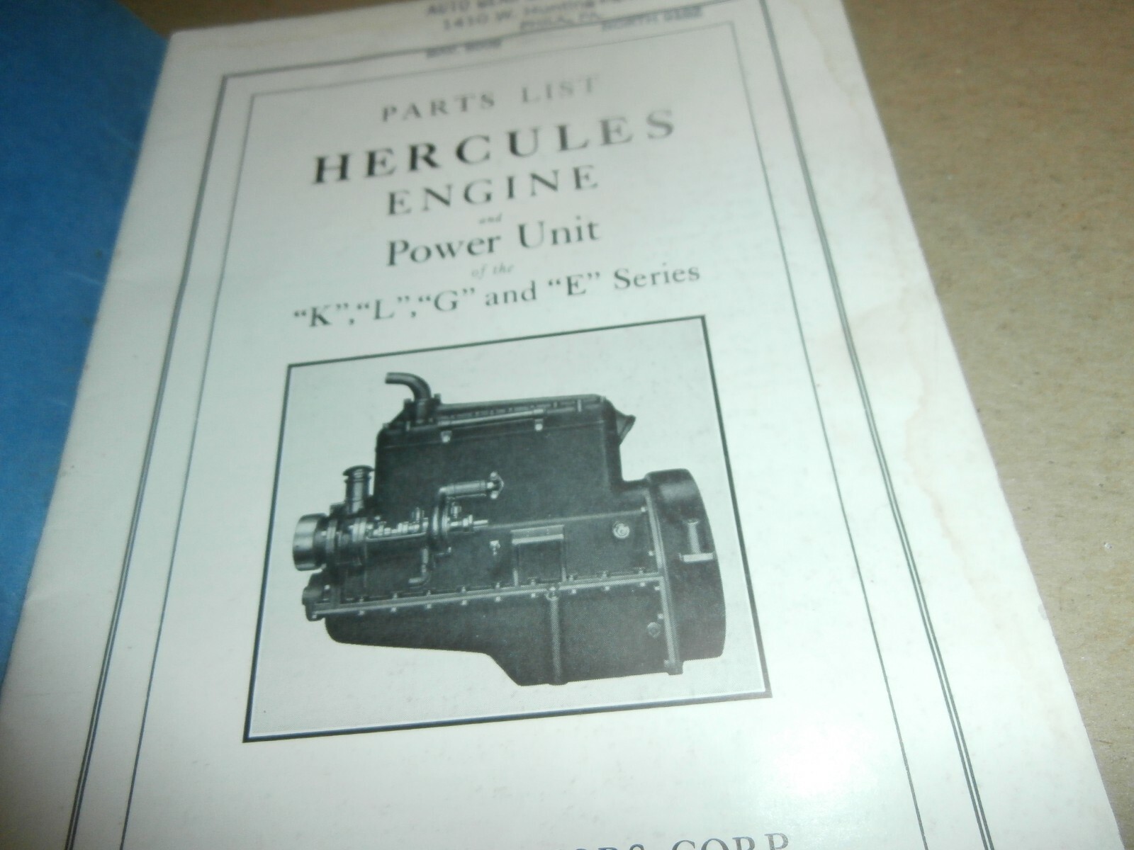 Original 1942 Hercules Motors Corp Engine Power Unit Parts List Manual K L G E