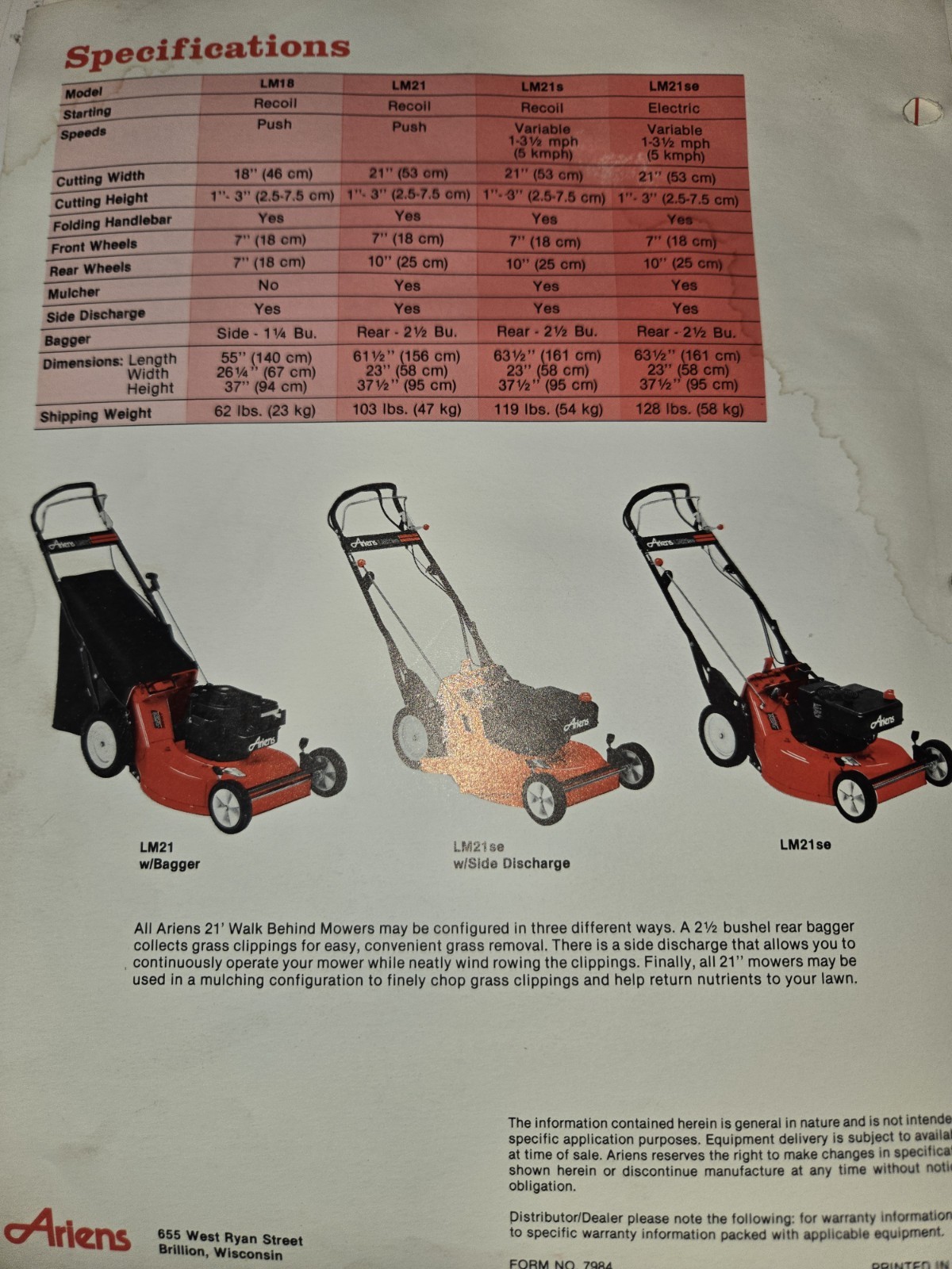 8 VINTAGE ARIENS DEALERSHIP ADVERTISING BROCHURES TILLERS TRACTORS RIDERS PUSH