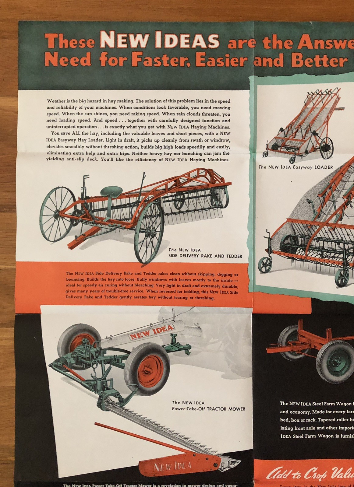 Vintage NEW IDEA Farm Tractor Hay Loader Mower Advertising Brochure Poster