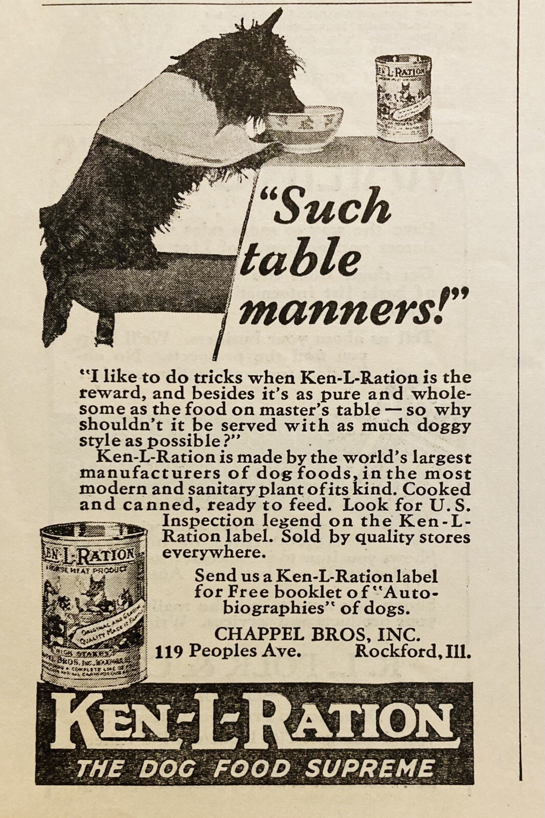 1932 AD.(XH81)~CHAPPEL BROS. CO. ROCKFORD, ILL. KEN-L-RATION DOG FOOD