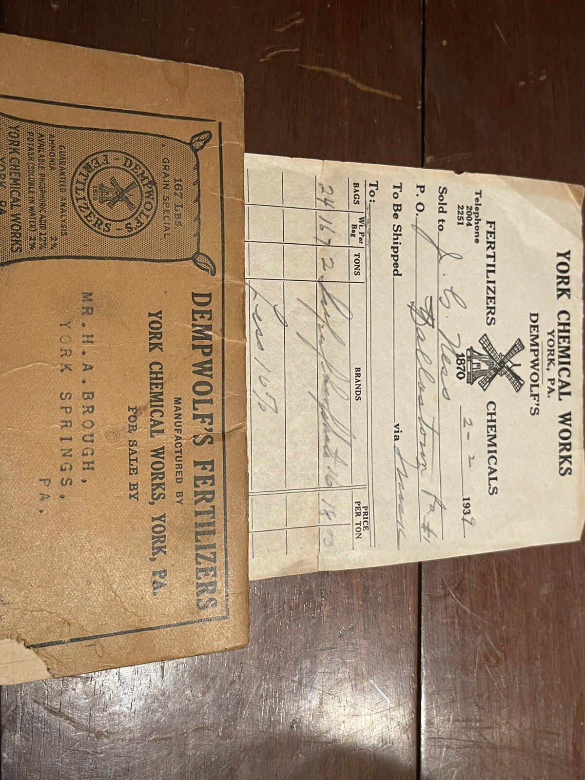 Dempwolfs Fertilizers advertising brochure and sales receipt