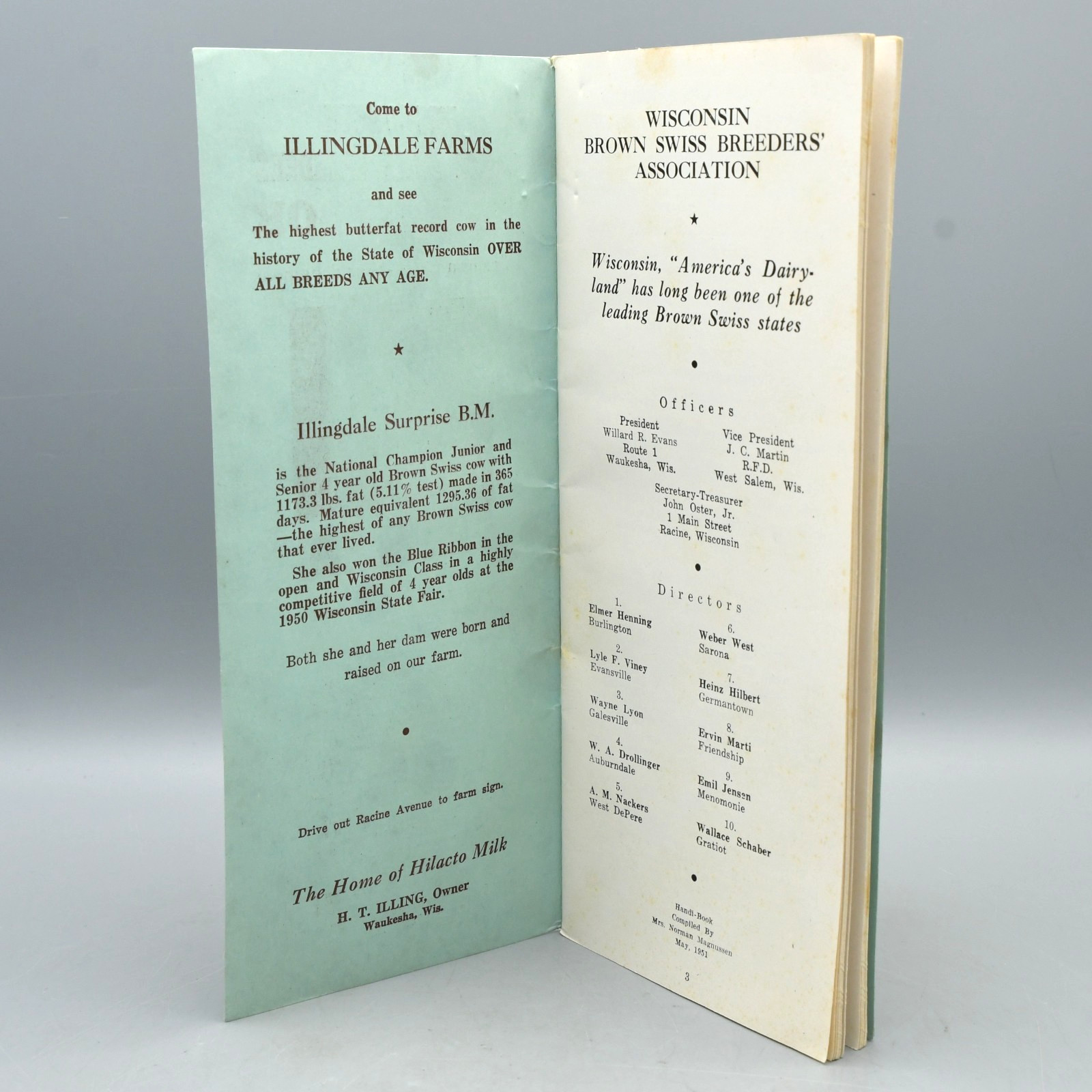 Wisconsin Brown Swiss Breeders Handi Book Directory 1951 Jane of Vernon Cover