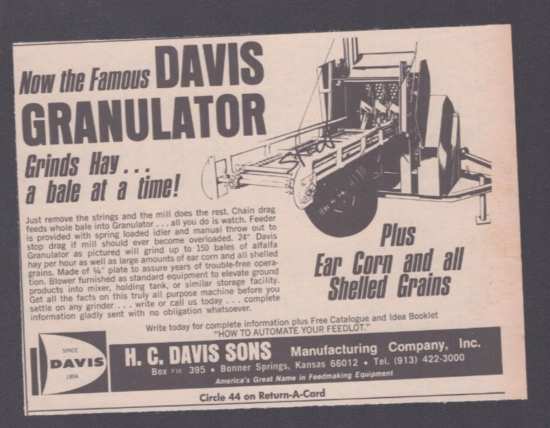 1974 Print Ad H C Davis Sons Mfg Bonner Springs KS Davis Granulator Grinds Hay