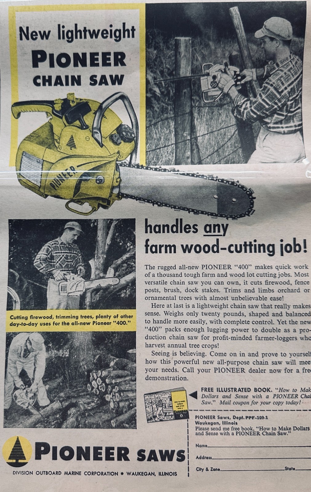 Lot of (3) Late Fifties Pioneer Chain Saw Advertisements Set 815