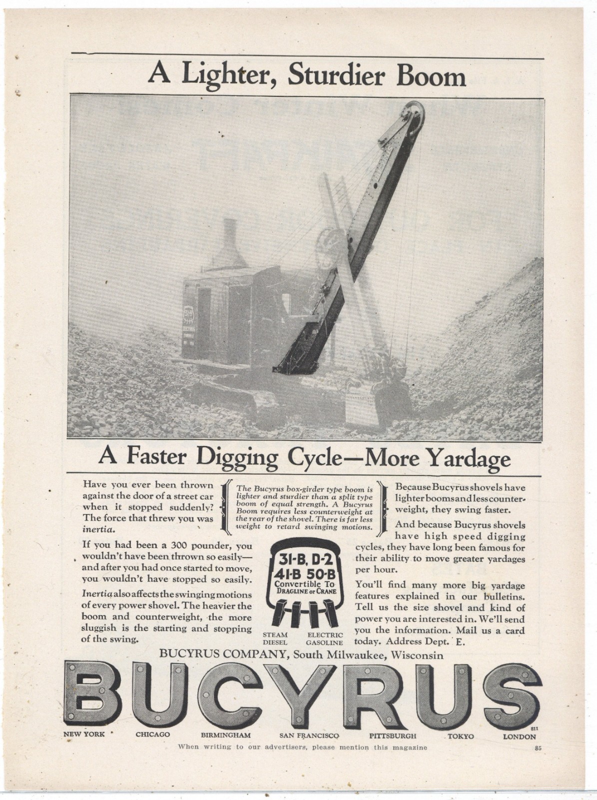 1927 Bucyrus Co. of South Milwaukee Ad: Model 31-B Shovel, Dragline, Crane