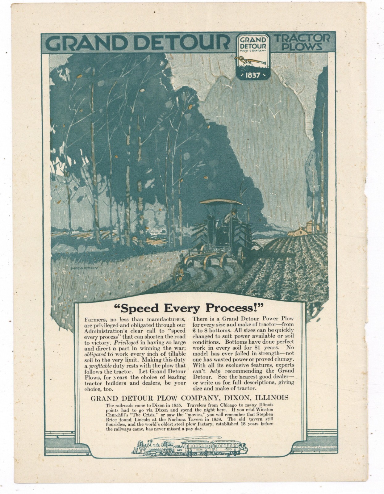 1918 Grand Detour Plow Co. Ad: Tractor Plows – Speed Every Process – Dixon, IL