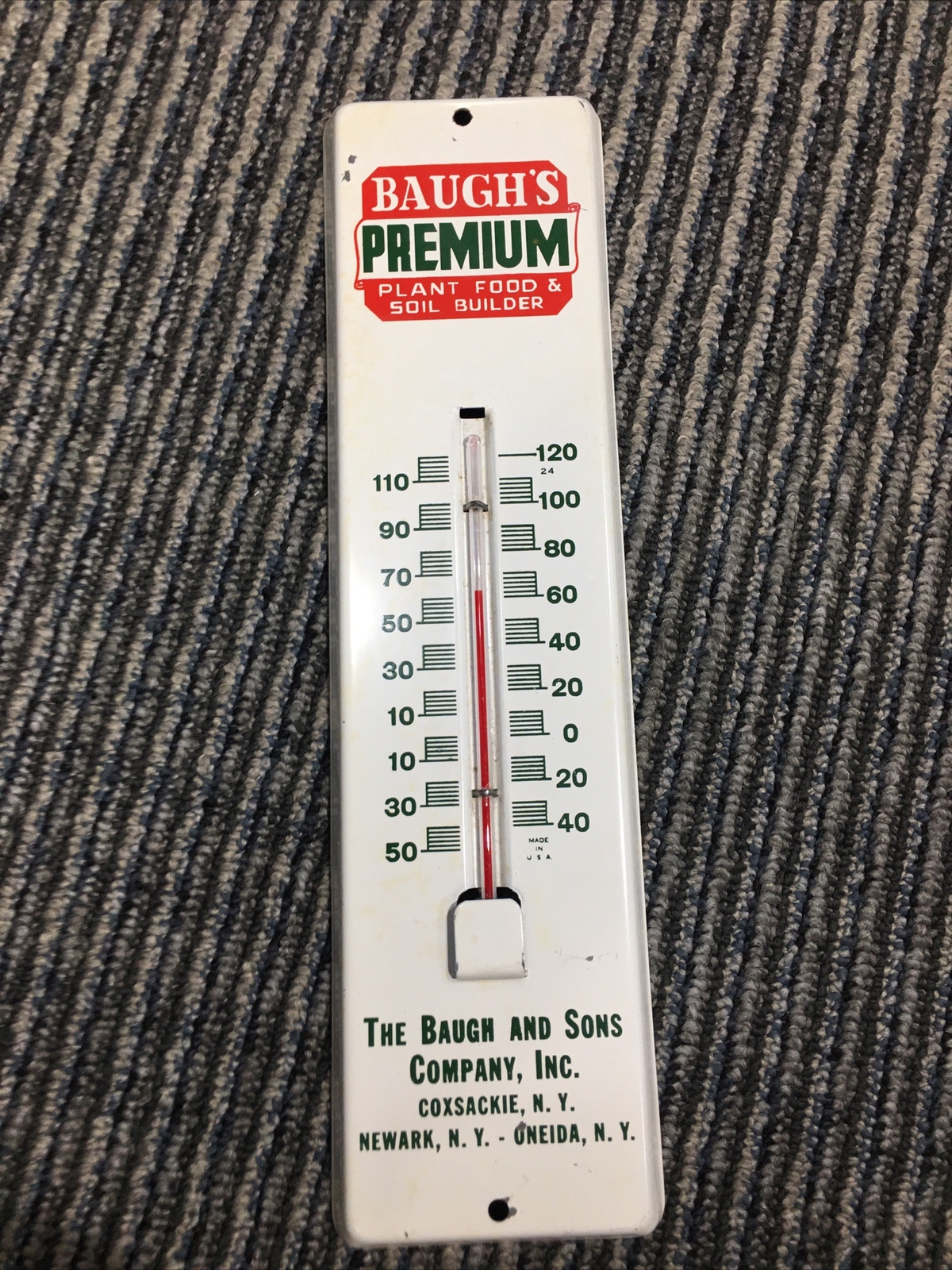 Baugh’s Premium Plant & Food Soul Builder vintage wall thermometer Advertising