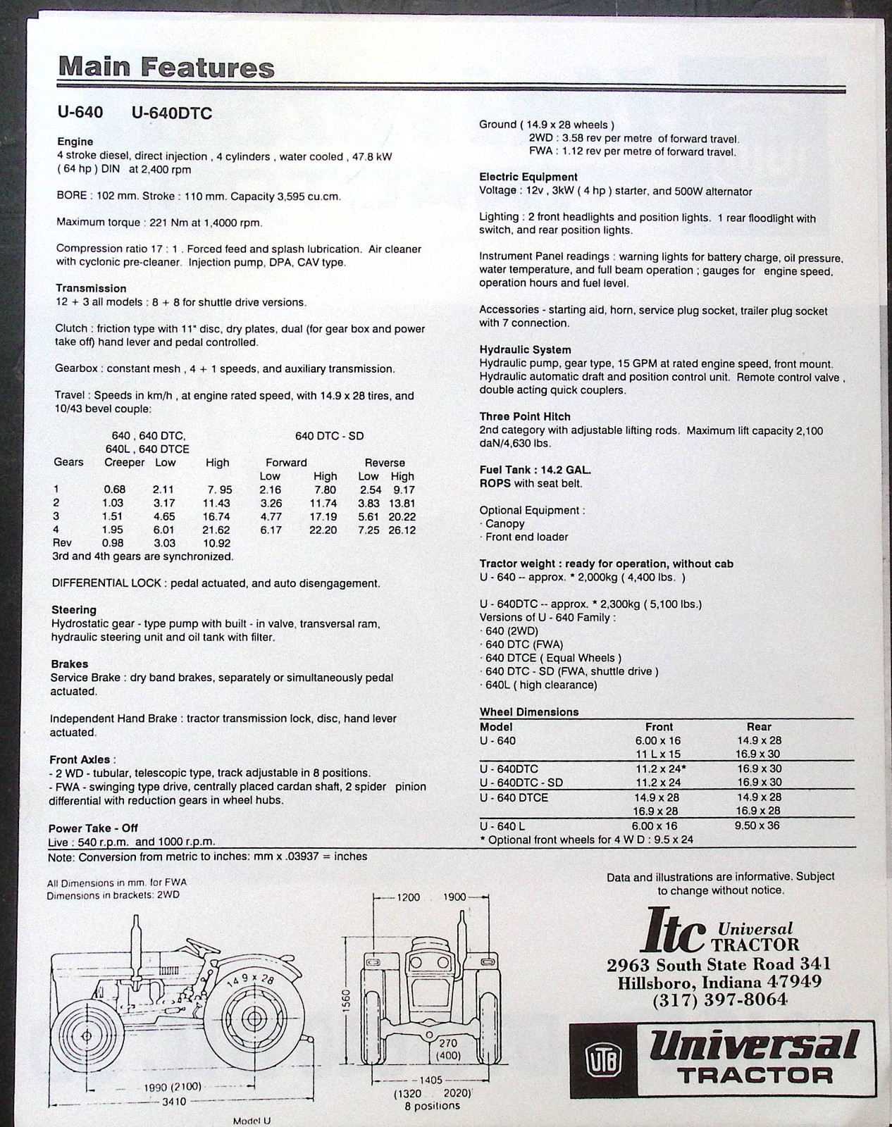 Universal Tractor U-640, 640 DTC, 640 DTC SD spec sheet brochure