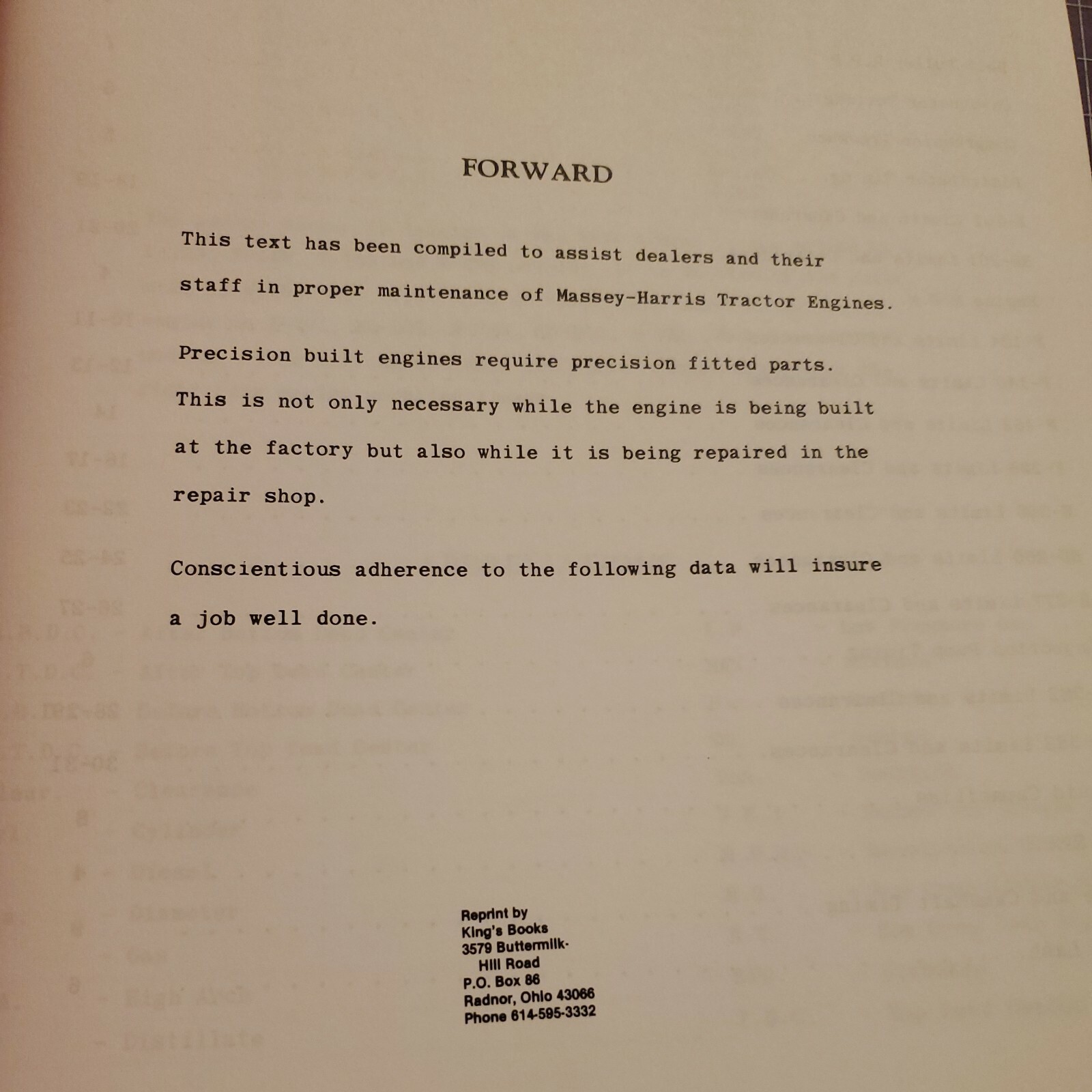 Massey-Harris service data for tractor engines reprint