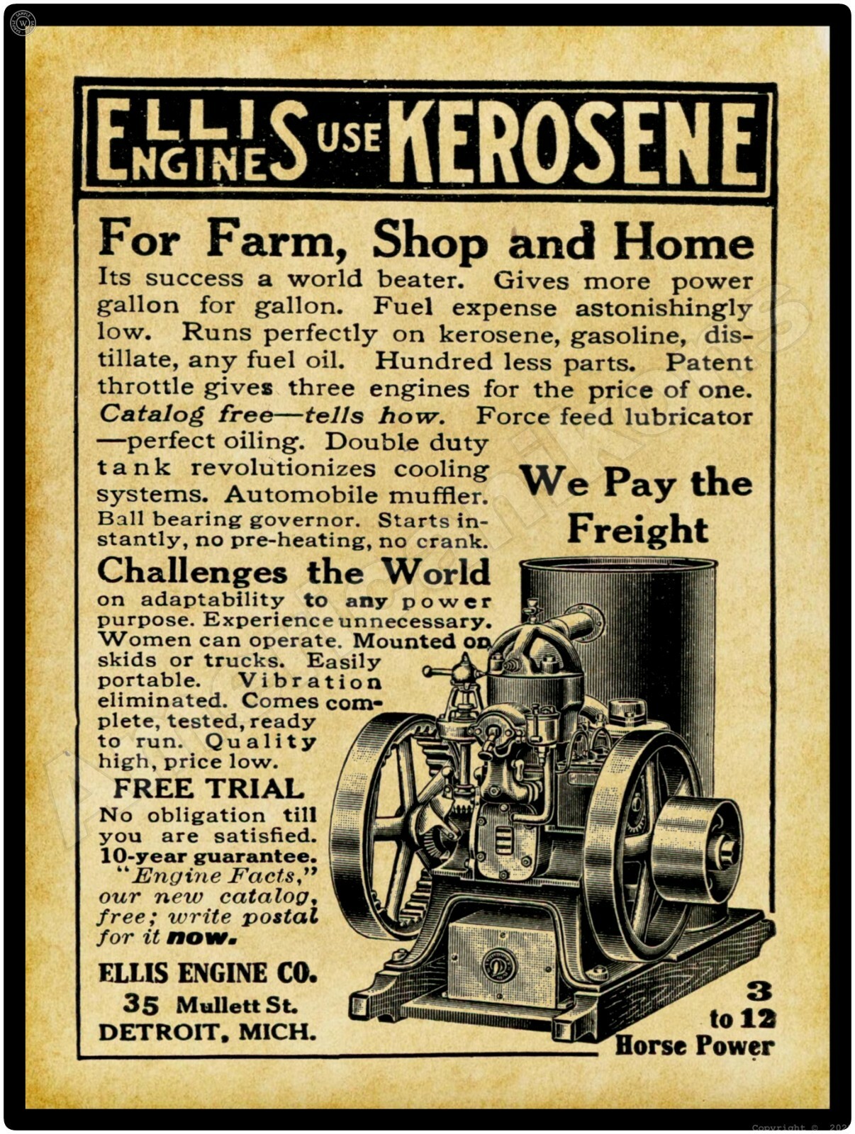 1911 Ellis Engines Gas, Kerosene Engines New Metal Sign: Detroit, Michigan