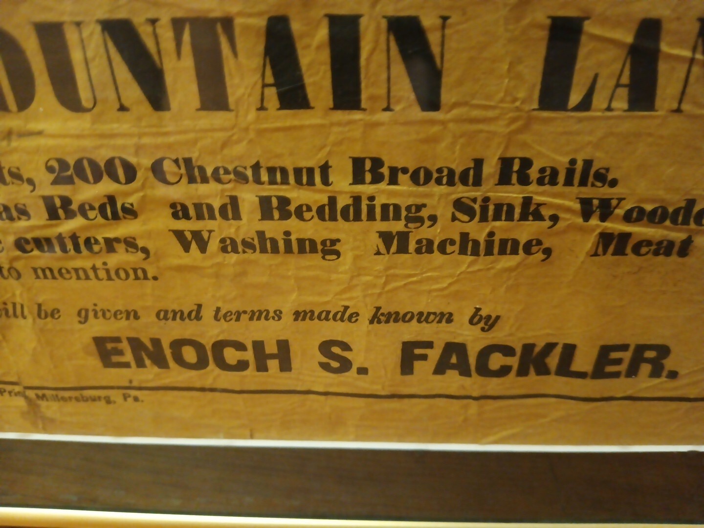 1876 Public Farm Sale Framed Auction Notice, Halifax Township, Pennsylvania