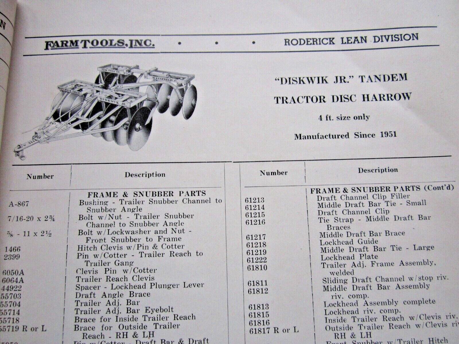 1952 FARM TOOLS, INC HORSE DRAWN FARM IMPLEMENTS 70+ PAGE PARTS CATALOG MANUAL