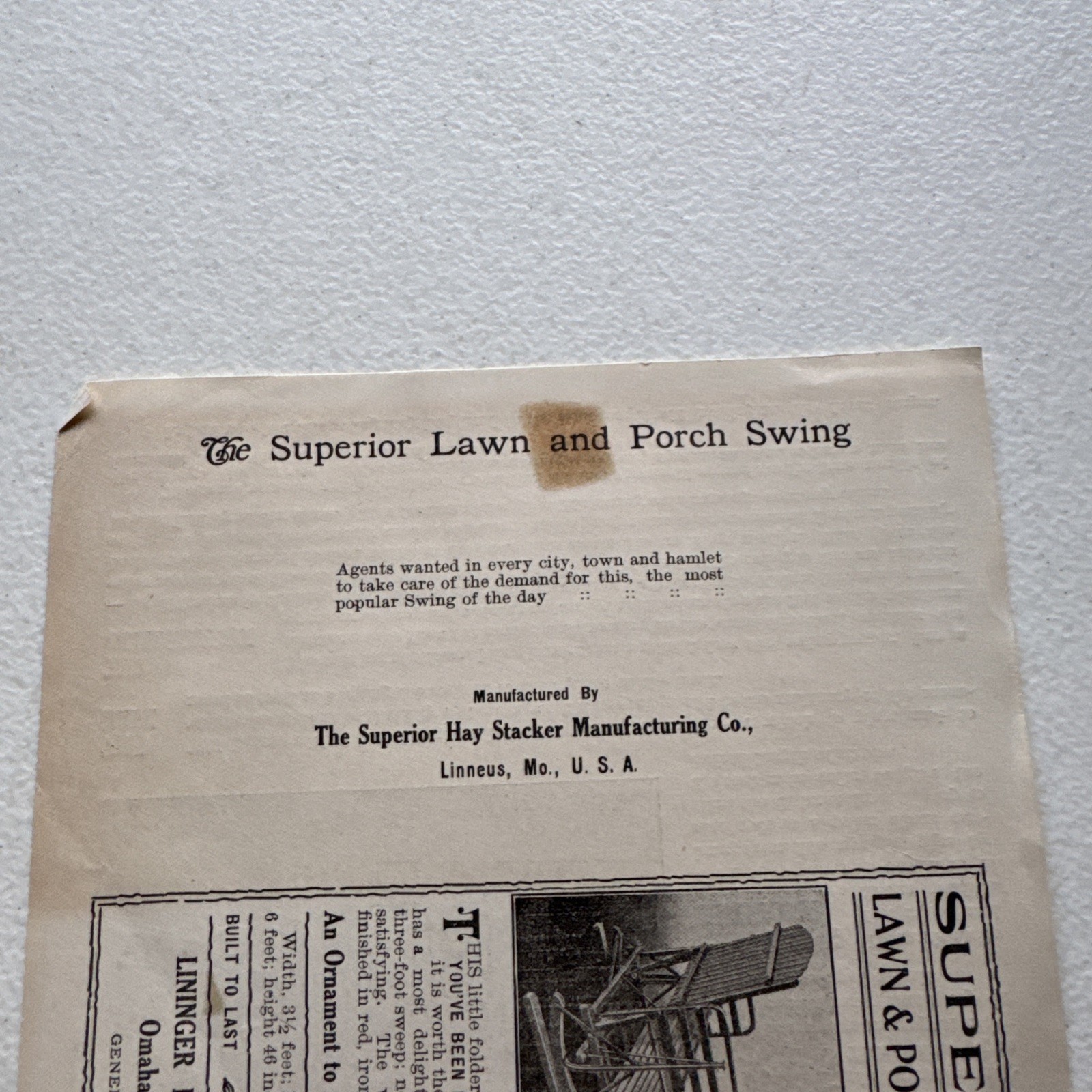 The Superior Hay Stacker Manufacturing Co. Superior Lawn & Porch Swing Pamphlet