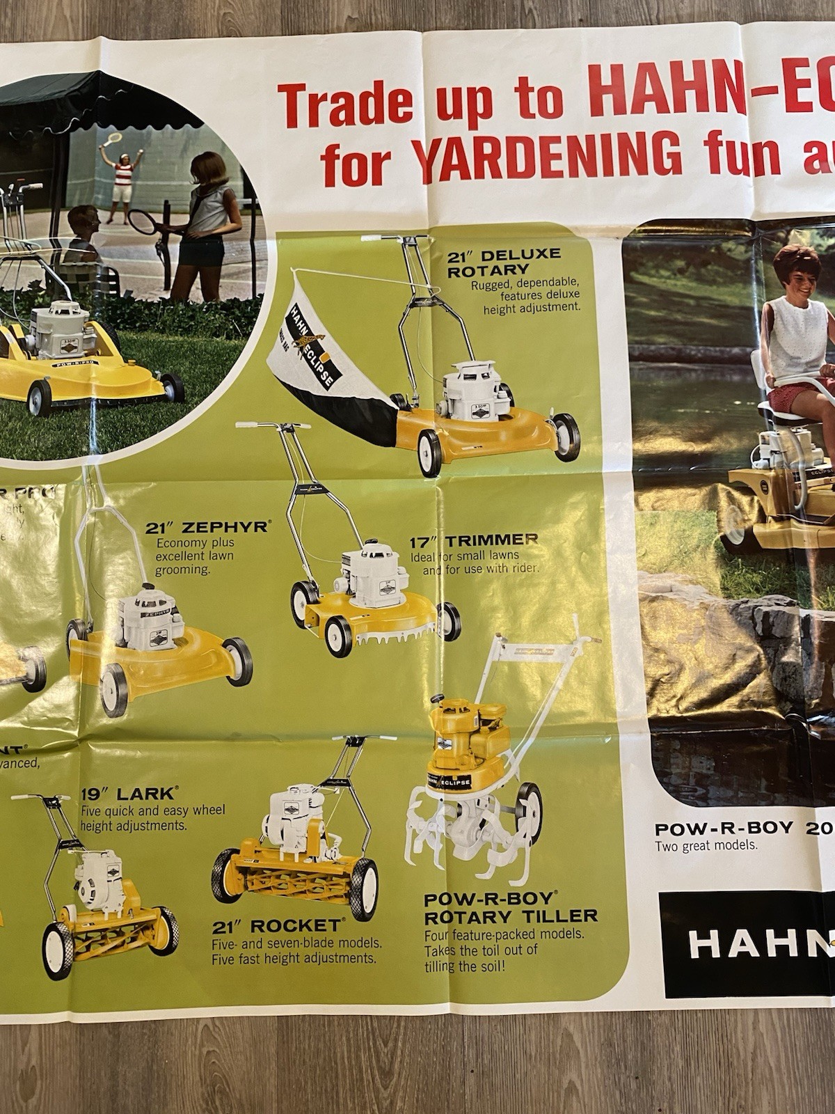 RARE 1960s Vintage Hahn Eclipse Yard Equipment Advertising Sign Poster 58&Prime; x 41&Prime;