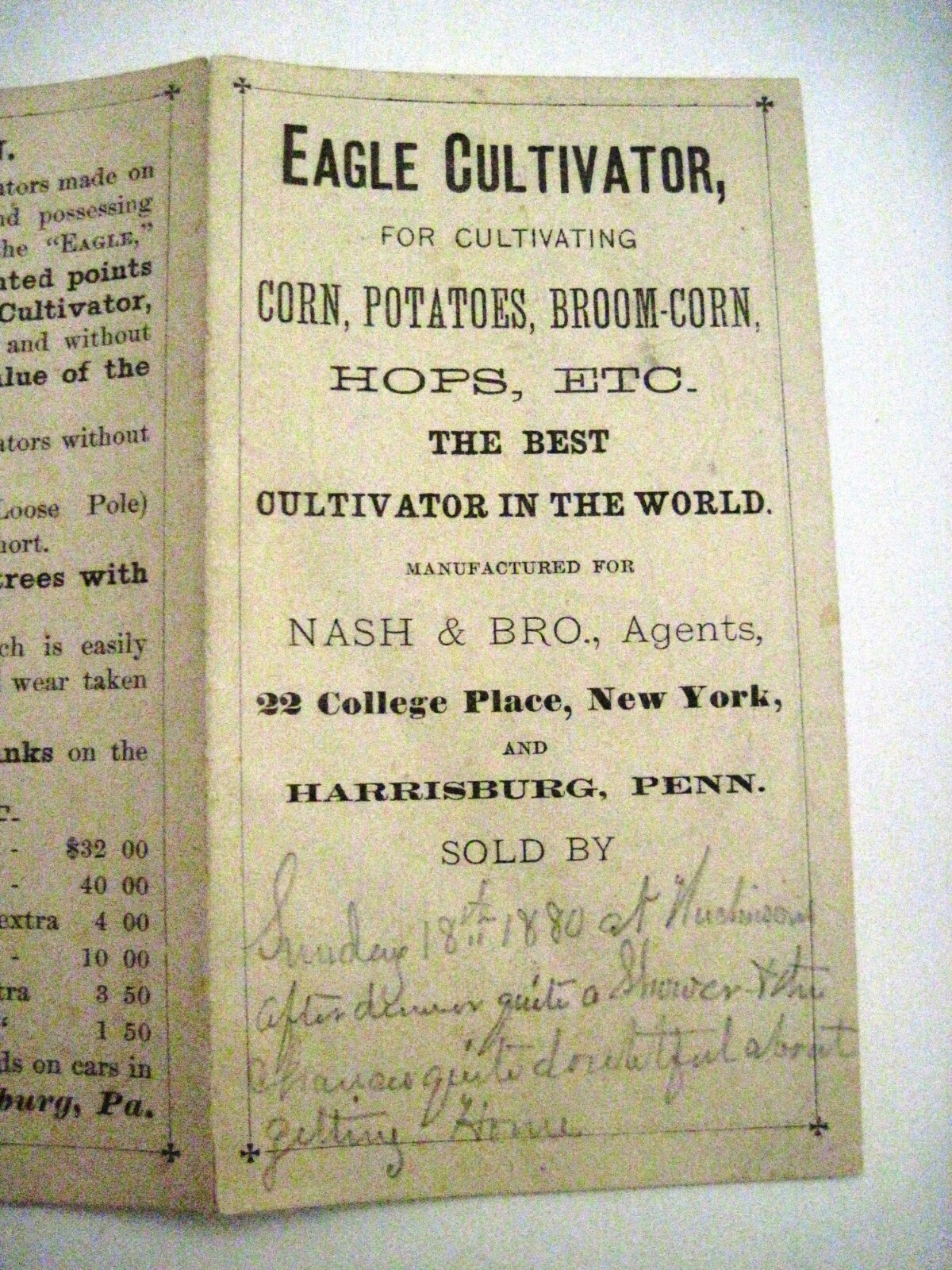 1880 Pull-Out Advertising Brochure for « Eagle Cultivator » w/ Great Pictures *