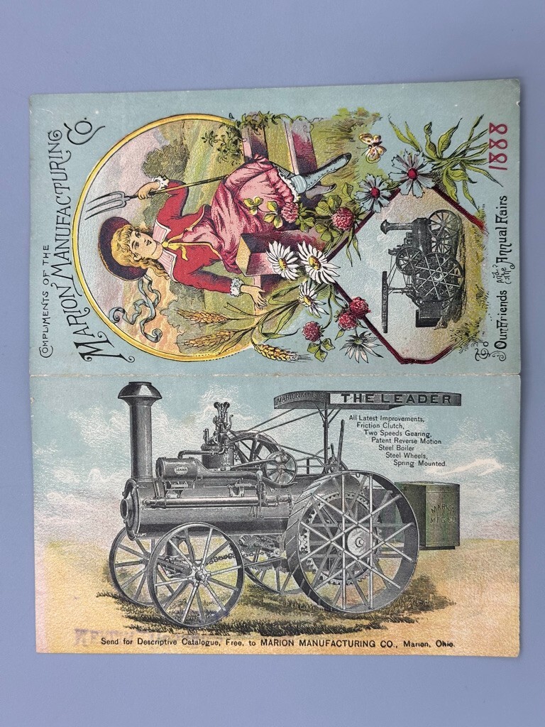 1888 MARION Ohio Leader THRESHING ENGINE Victorian FARM Advertising Trade Card