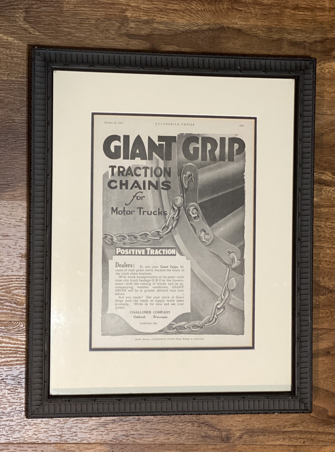 Vintage Advertising Framed Giant Grip Tractor Chains 8 X 11” Automobile Topics