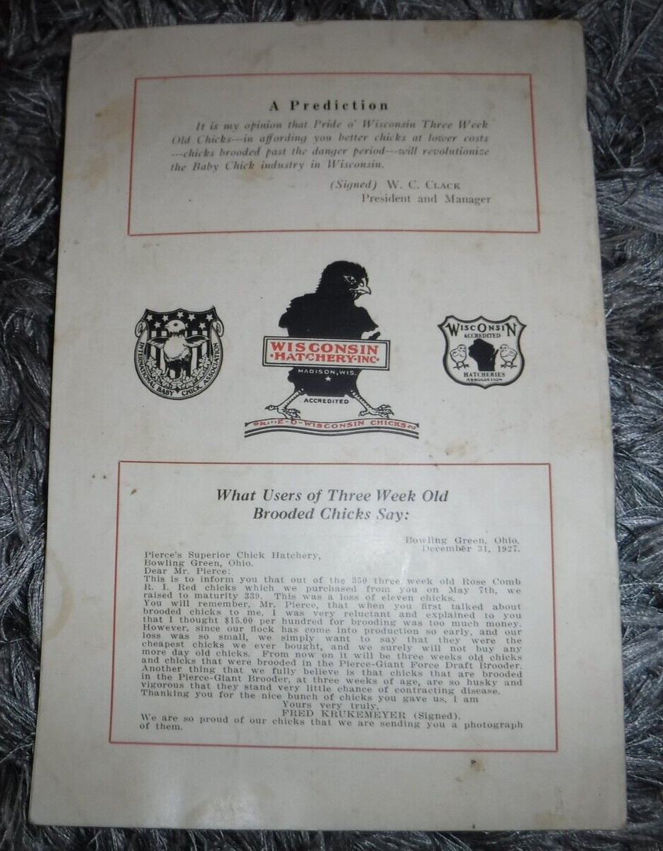 CHICKS CHICKEN WISCONSIN HATCHERY INC. MADISON WISCONSIN VINTAGE 1927 BOOKLET