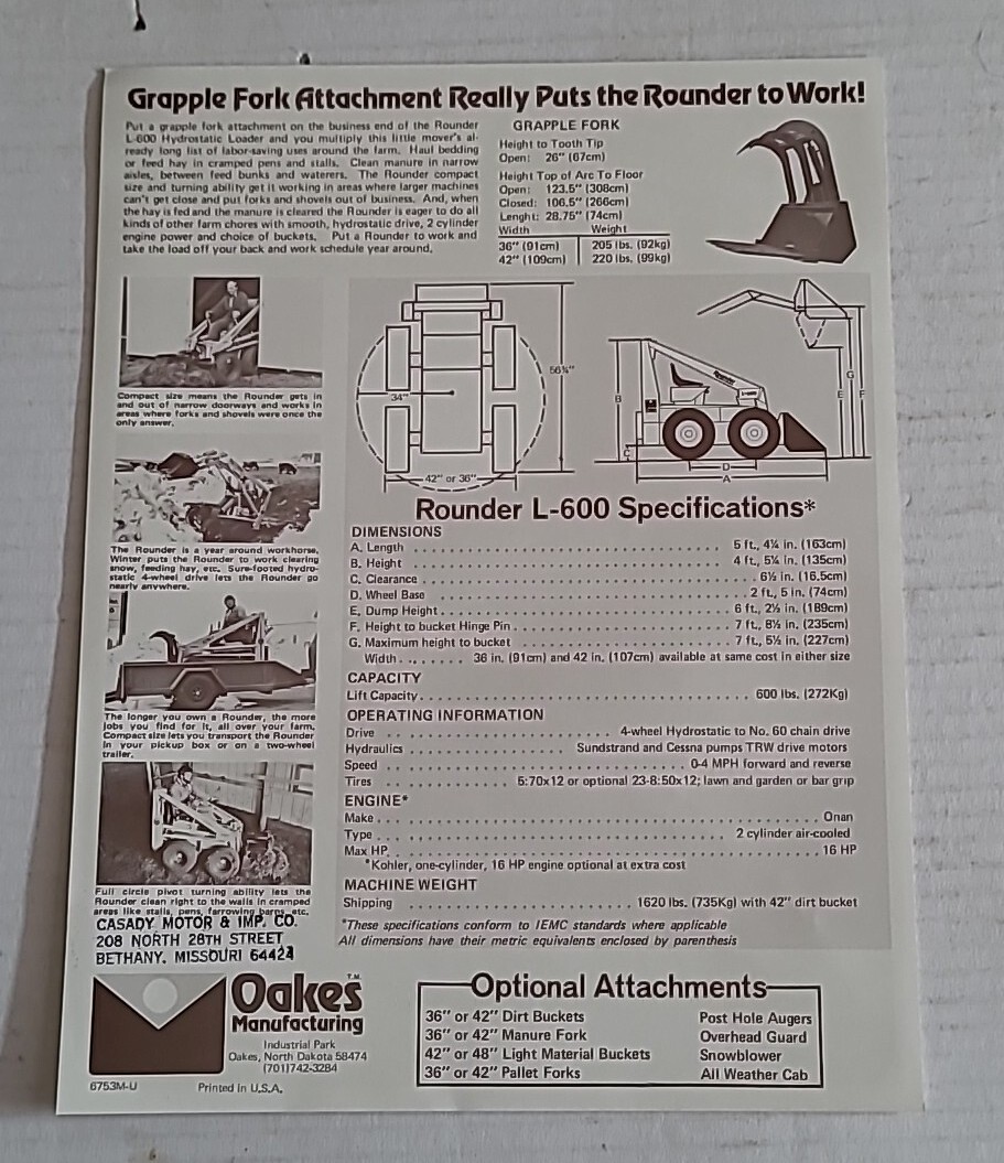 Rounder Hydrostatic L-600 Loader Grapple Fork Brochure Page