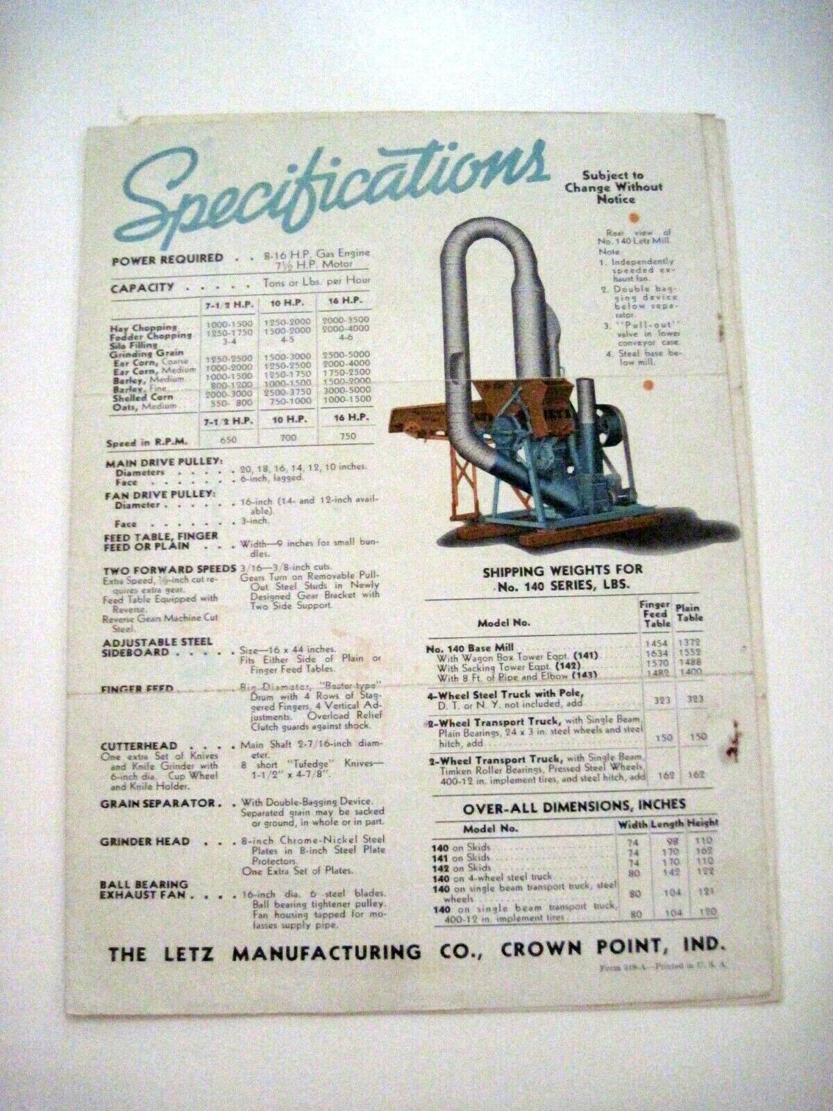 1939 Catalog « Letz » Farm Equipment w/ (4) Pamphlets – Describes Cows Stomach *