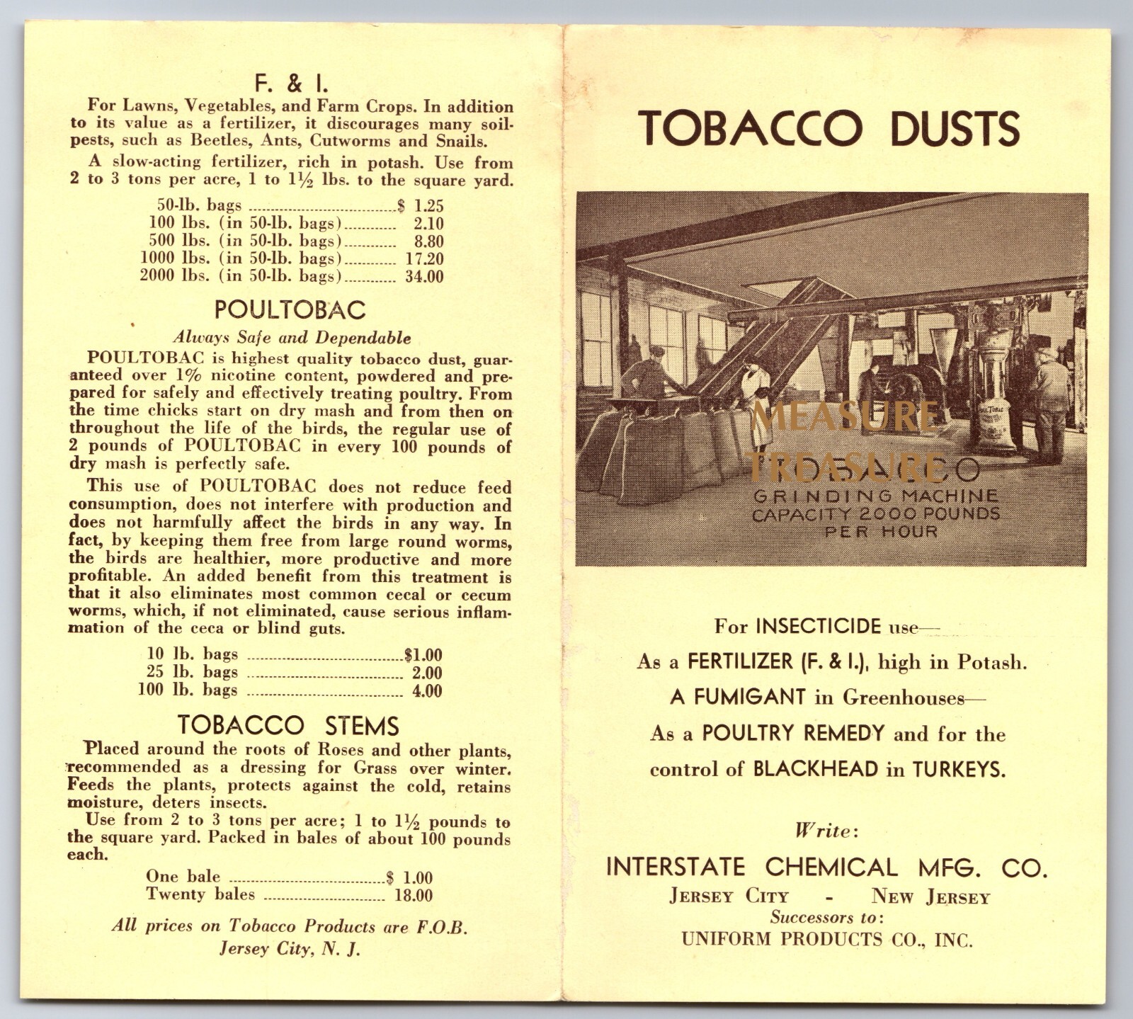 C.1930 JERSEY CITY, NJ TOBACCO DUST GRINDING MACHINE AGRICULTURE BROCHURE F14