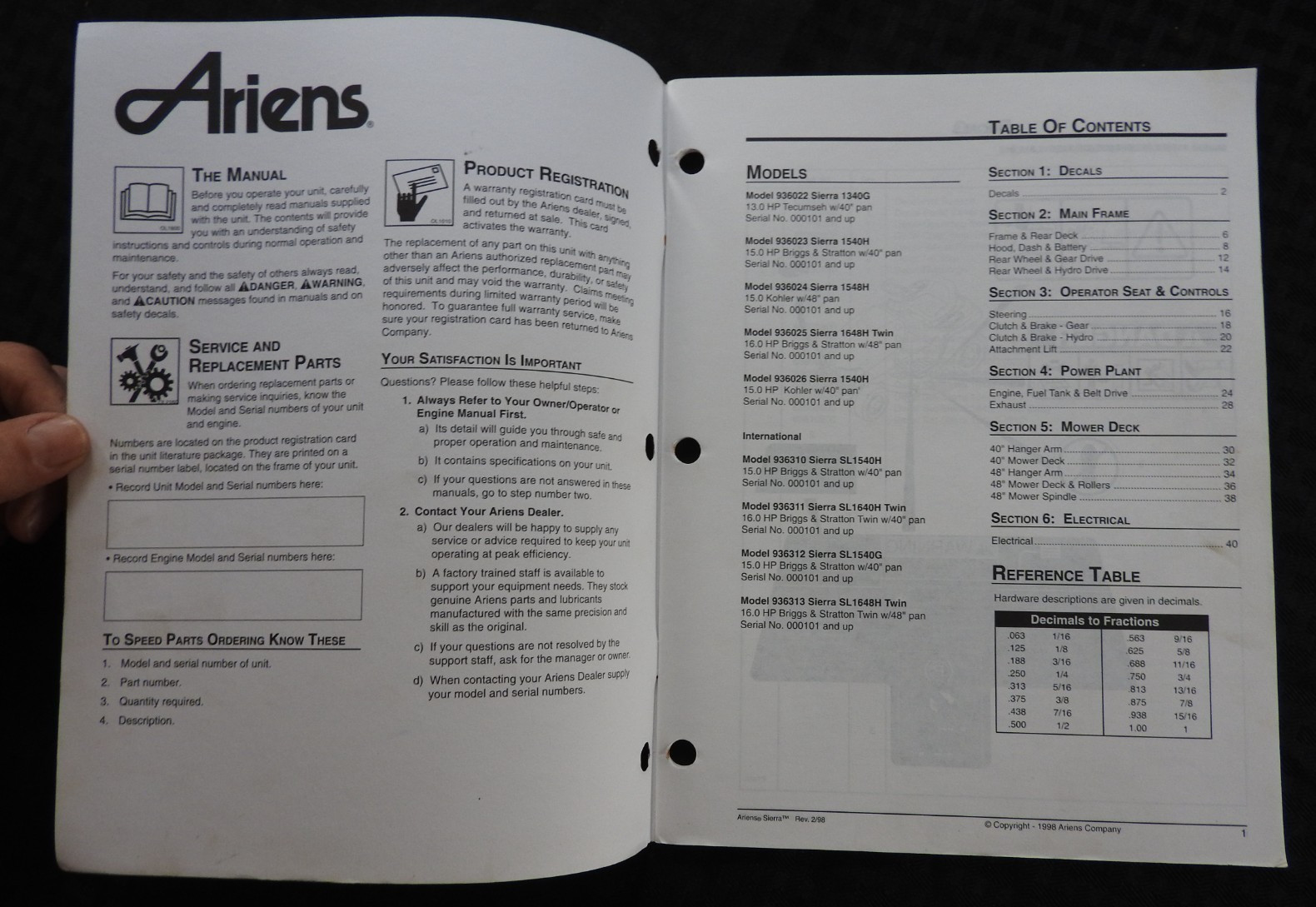 GENUINE ARIENS SIERRA 936 SERIES LAWN TRACTOR PARTS CATALOG MANUAL MINTY 1998