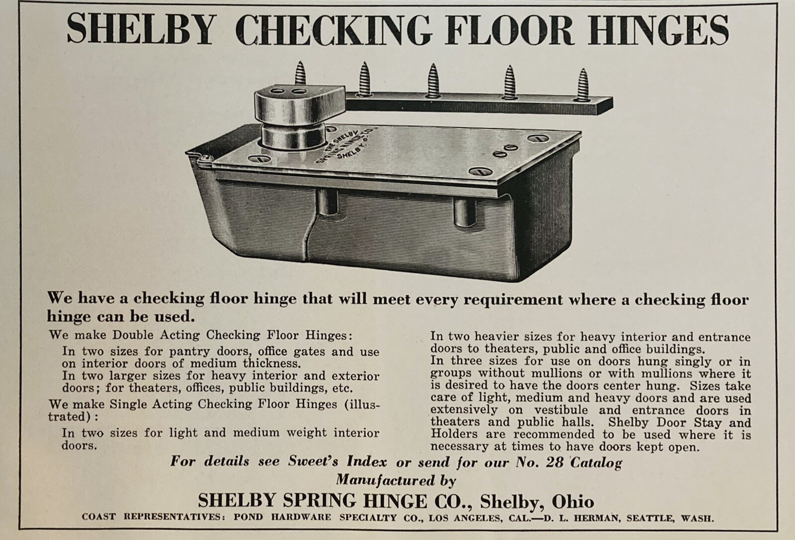 1929 AD.(XH55)~SHELBY SPRING HINGE CO. SHELBY, O. SHELBY CHECKING FLOOR HINGES