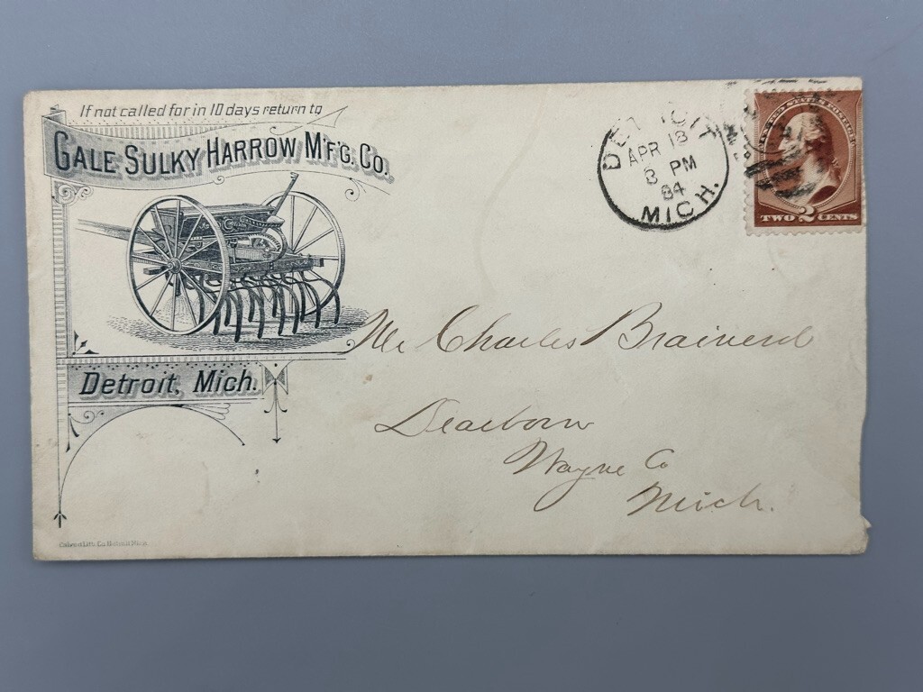 1884 GALE SULKY HARROW Advertise Illustrated POSTAL COVER Farm Machinery DETROIT