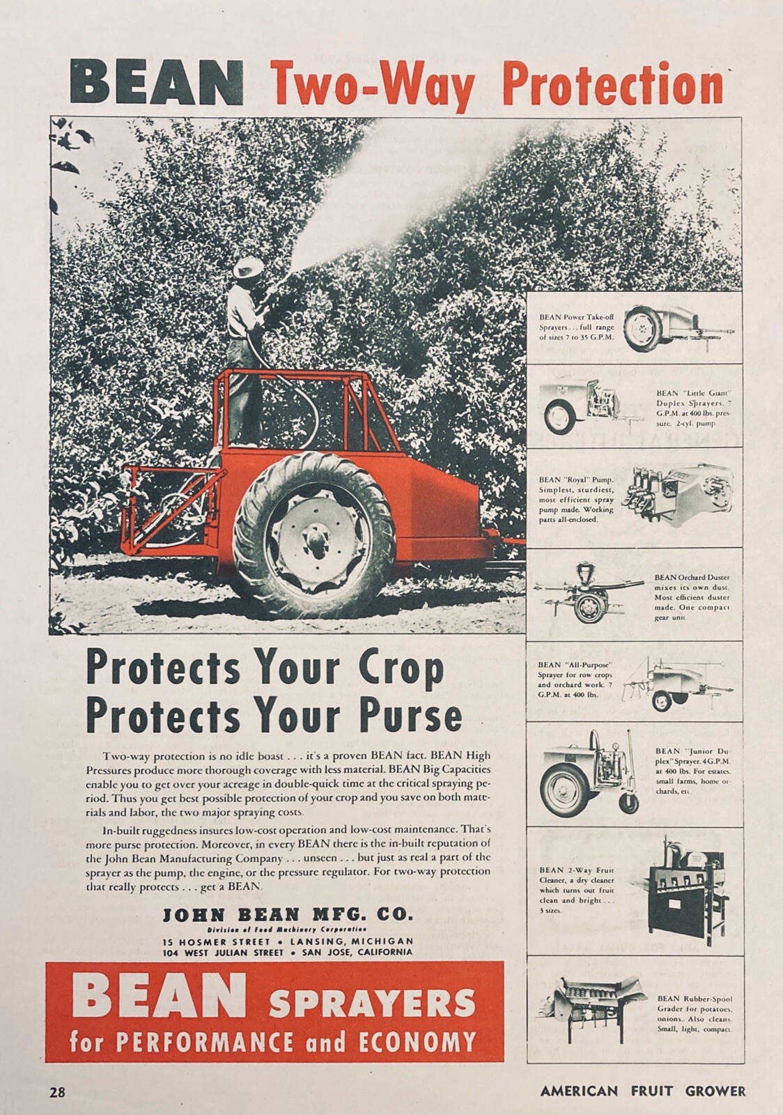 1946 AD.(XF14)~JOHN BEAN MFG. CO. FMC. BEAN ORCHARD SPRAYERS