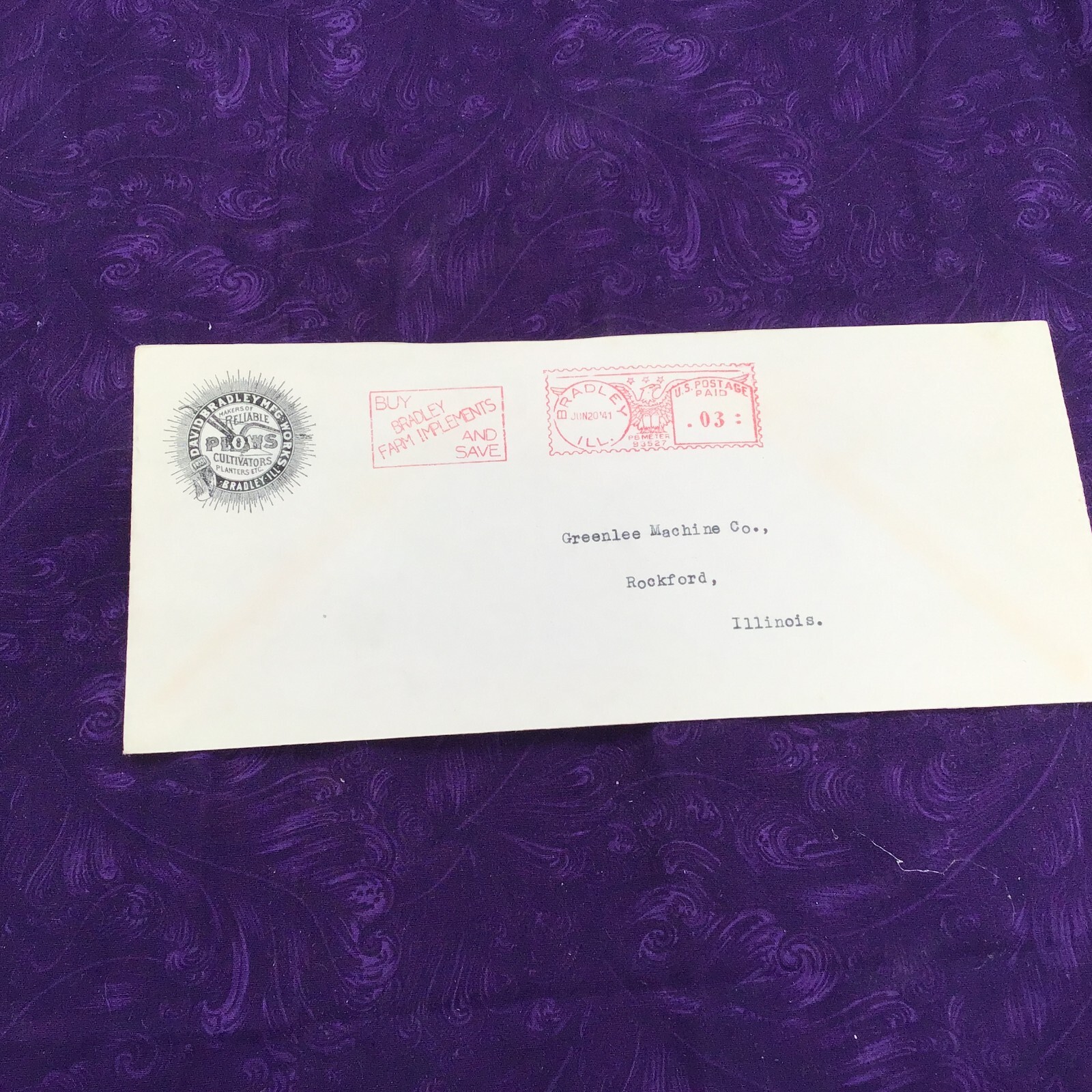 David Bradley MFG. Plows, Company Envelope, 1941 Bradley Il. Reliable Plows