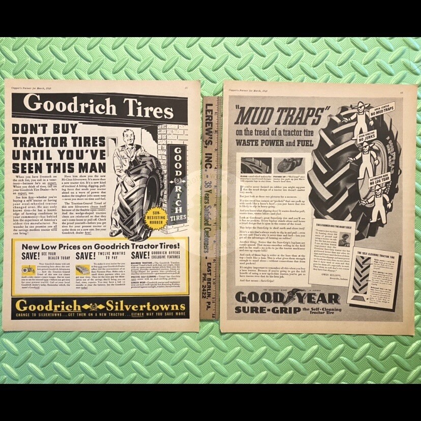 Original 1940 GOODRICH & GOODYEAR Tractor Tires Print Ads LOT. Large 13.5×10.5in