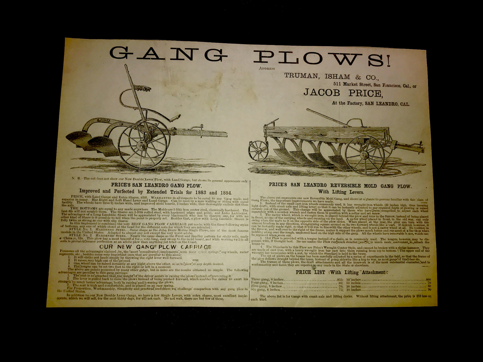 1883 San Leandro Gang Plow Farm Advertising – San Francisco – California 7×9
