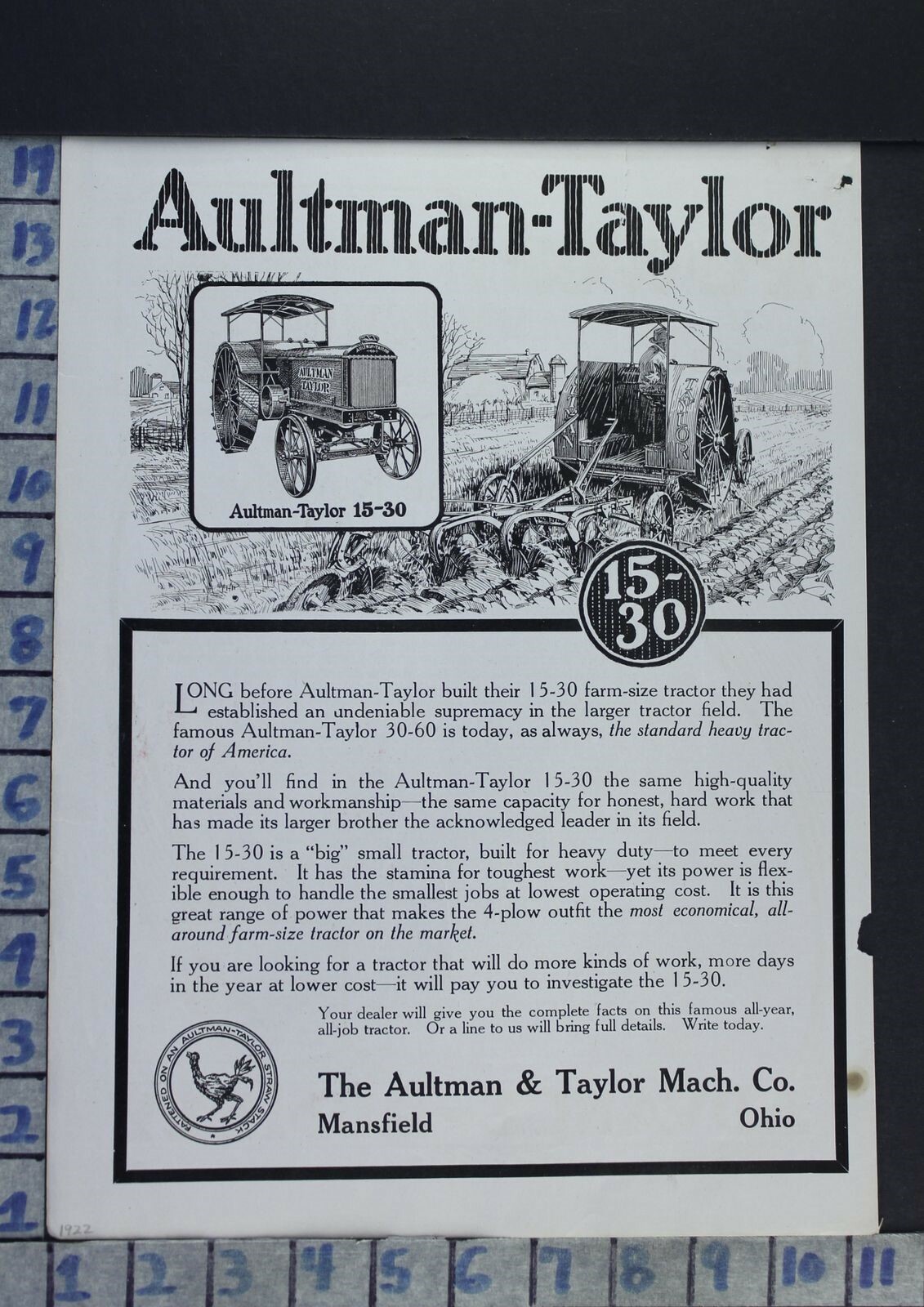 1922 AULTMAN TAYLOR OHIO THRESHER AGRICULTURE FARM TRACTOR MACHINERY AD CA92