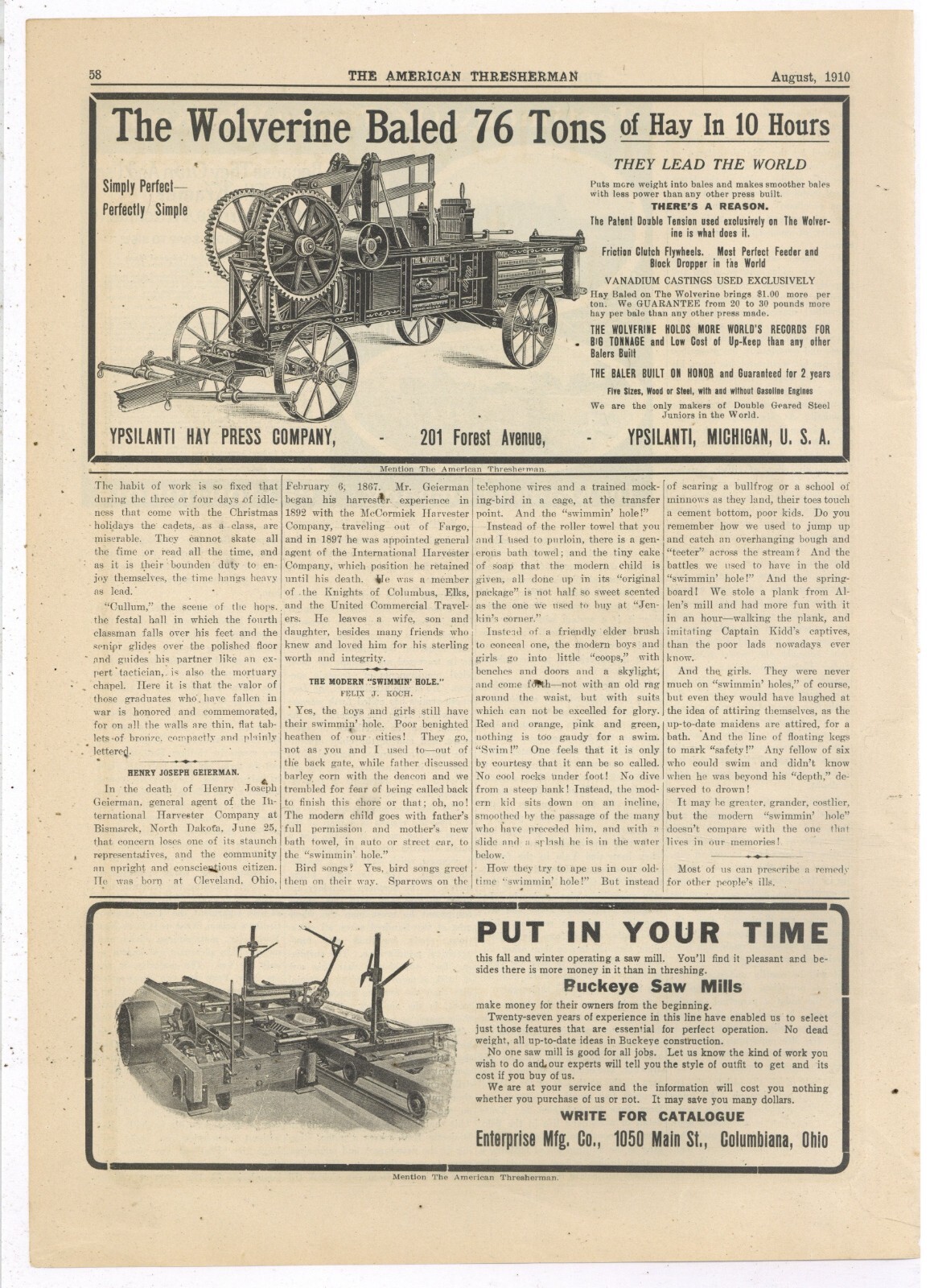 1910 Ypsilanti Hay Press Co. Ad: The Wolverine! World Record Holder for Baling