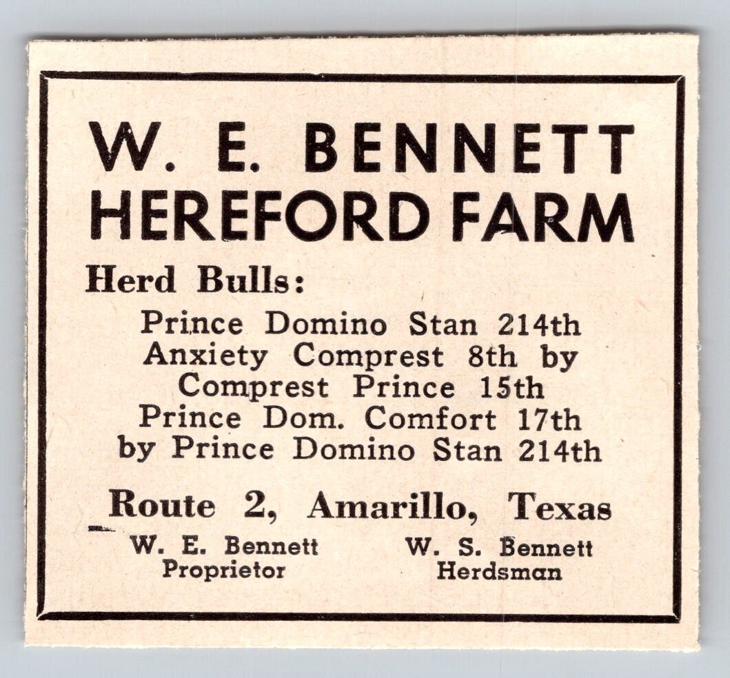 1948 Print Ad W.E. Bennett Hereford Farm Amarillo TX Herd Bulls Cattle