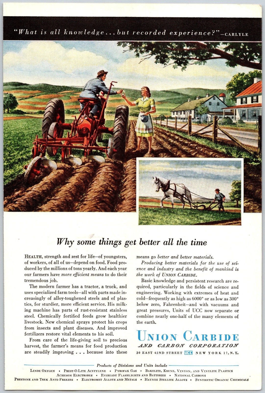 PRINT AD 1947 Union Carbide and Carbon Corp Modern Farmer 6.75&Prime; x 10&Prime;