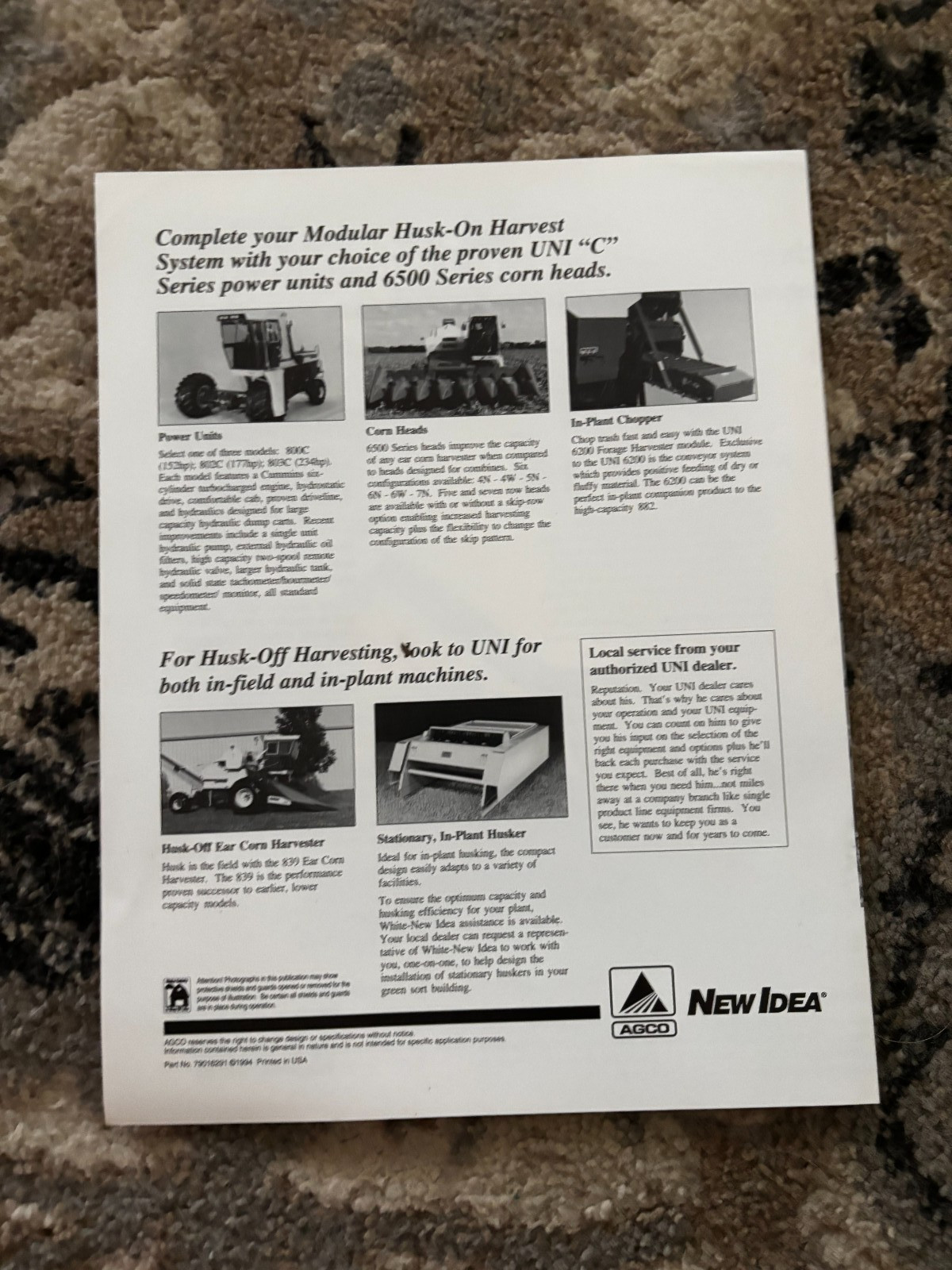 New Idea Uni-System 882 Ear Corn Harvester For 1994 Brochure DCPA26