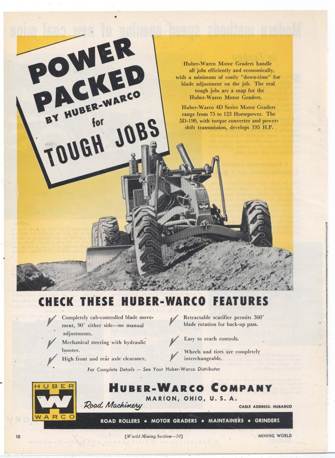 1955 HUBER WARCO of Marion, OhiO Ad: 4D Series Motor Grader w. Features