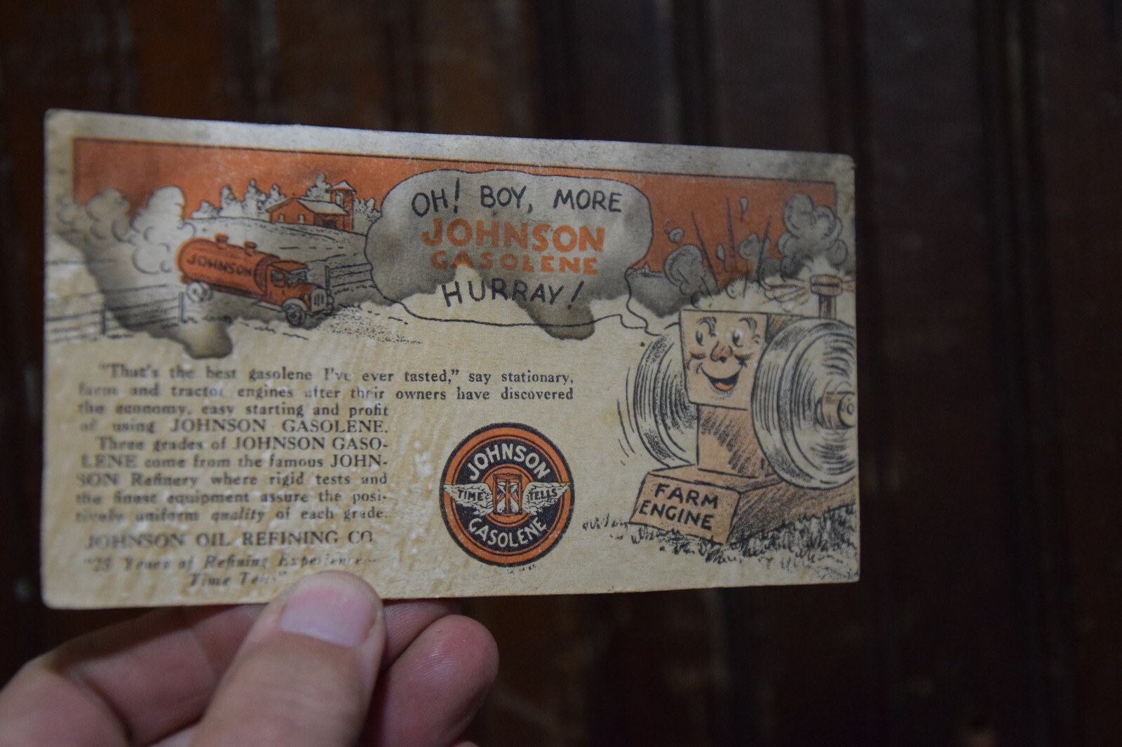 JOHNSON TIME TELLS GASOLINE FARM ENGINE TRACTOR GRAIN MILL DISPLAY SIGN FARMING