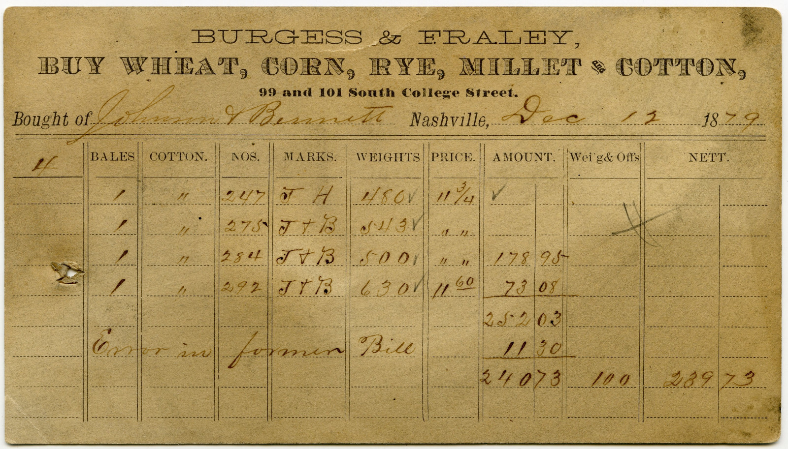 Vintage 1879 BURGESS & FRALEY COTTON MERCHANTS NASHVILLE TENNESSEE AD CARD P1R
