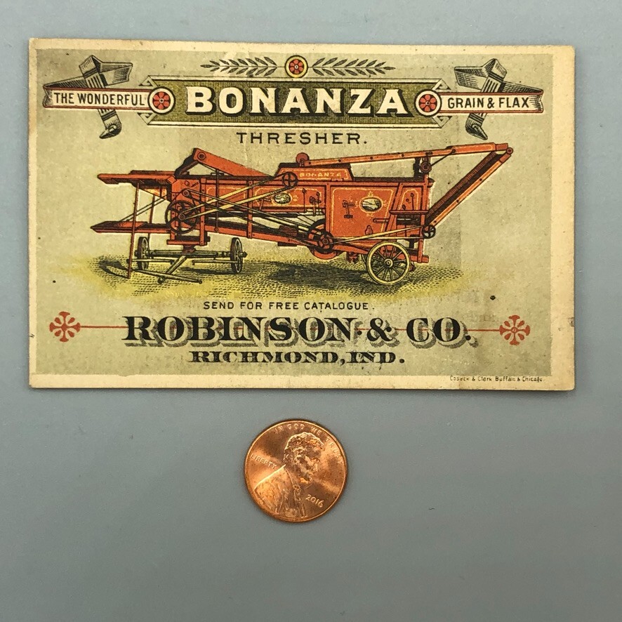 1880s BONANZA THRESHER Victorian FARM Advertising Trade Card RICHMOND INDIANA