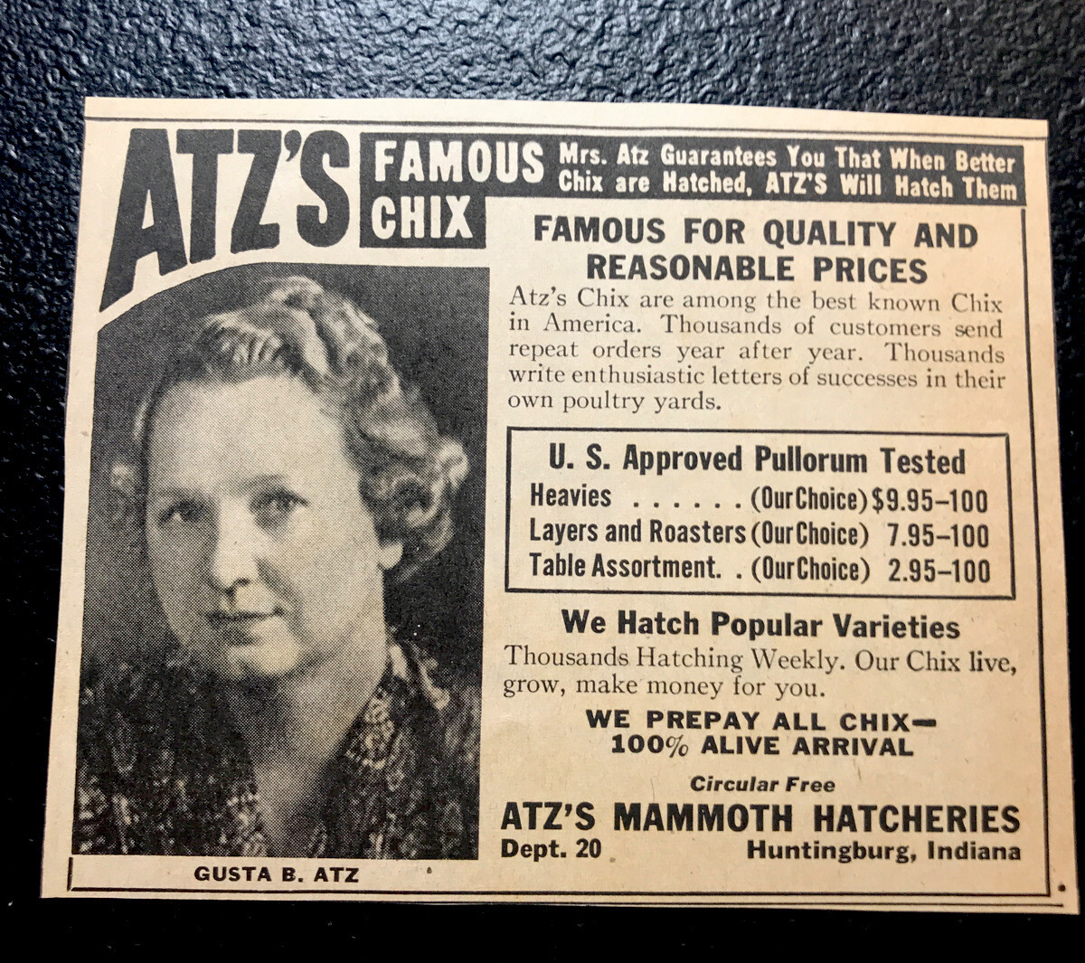 1946 Atz Mammoth Hatcheries – Chicken Farm Advertising – Huntingburg – Indiana