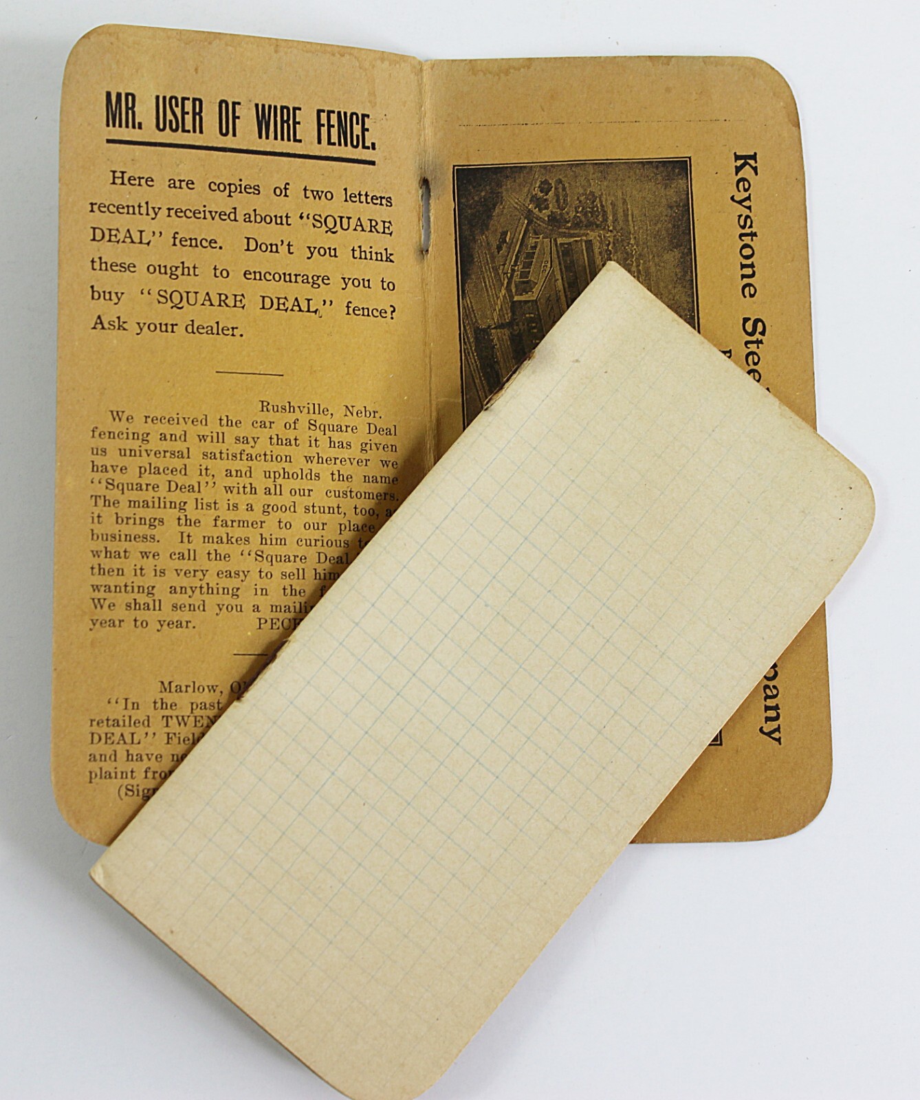 1910s Keystone Steel and Wire Co Square Deal Fence Advertising Notebook