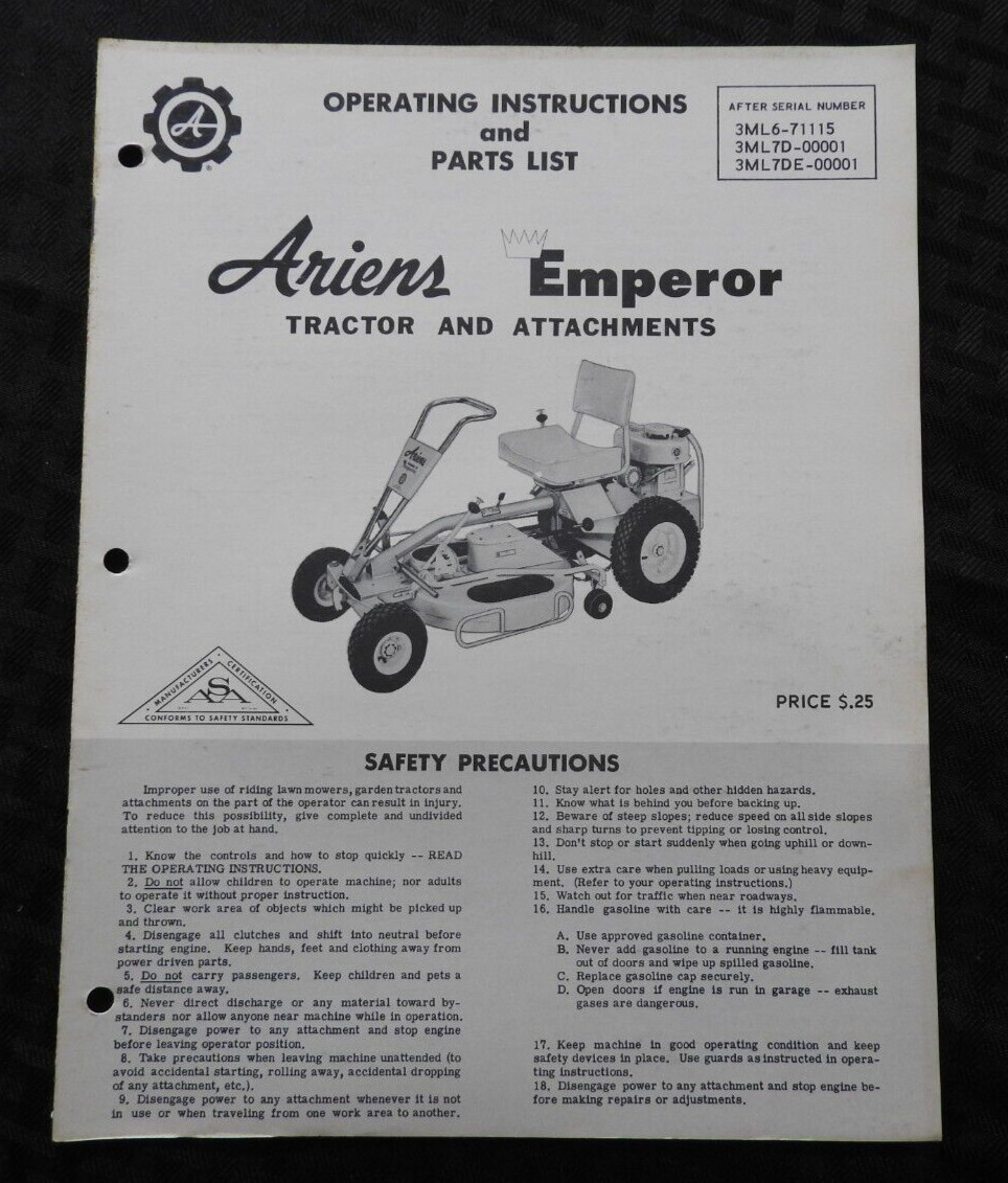 ORIG 1967 ARIENS Emperor 6 Riding Lawn Mower Tractor Parts Operators Manual