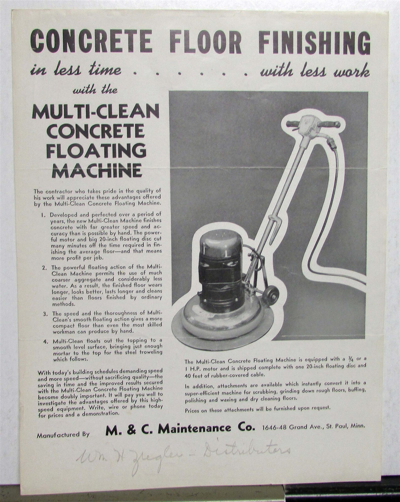 1930s M&C Maintenance Multi Clean Concrete Floating Machine Sales Data Sheet