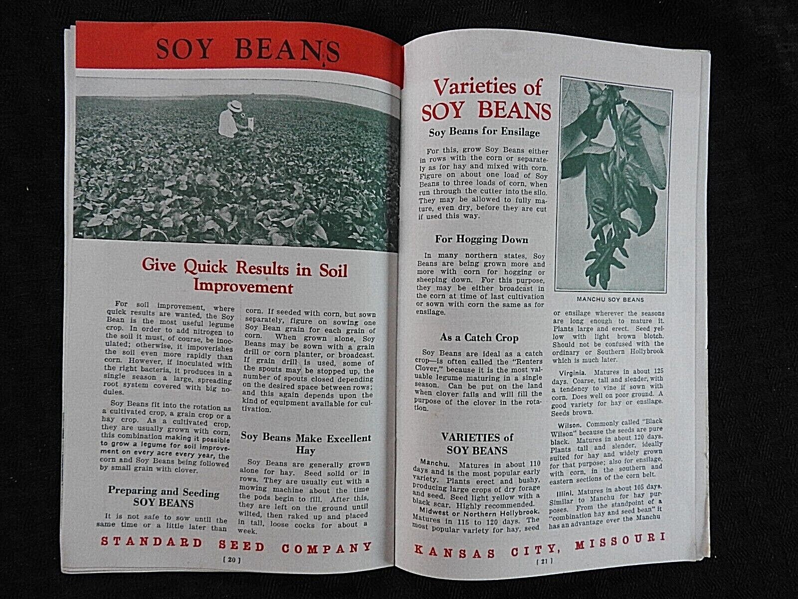 c.1920 « Standard Farm Seeds » Kansas City MO Soy Beans Field Corn Alfalfa Catalog