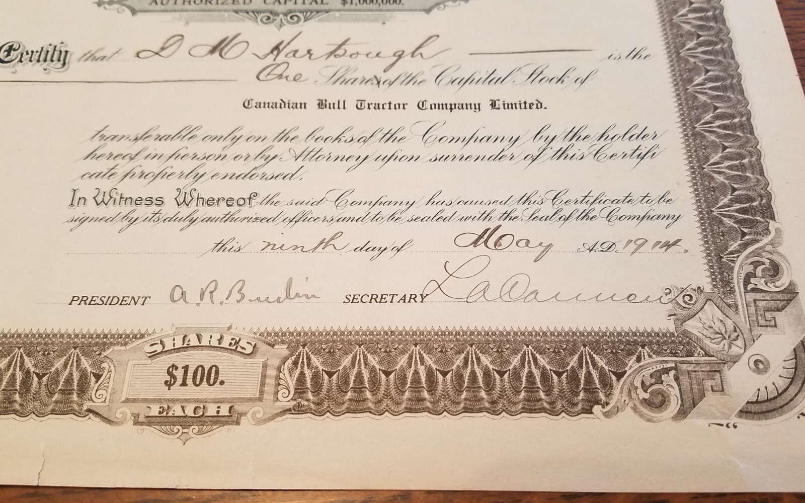 Rare Signed Hartsough Inventor 1914 Bull Tractor Stock Certificate Big Bull Farm