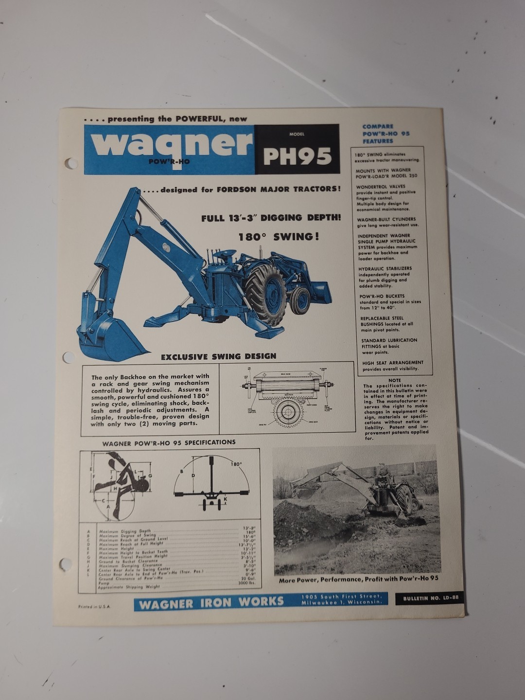 Wagner Model PH95 Pow&rsquo;r Ho Fordson Tractor Brochure Milwaukee WI