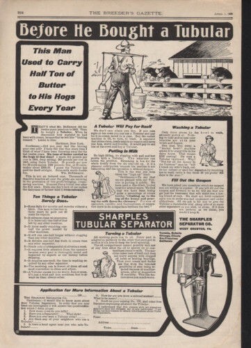 1908 SHARPLES TUBULAR CREAM SEPARATOR DAIRY HOG FARM WEST CHESTER PA AD 10439